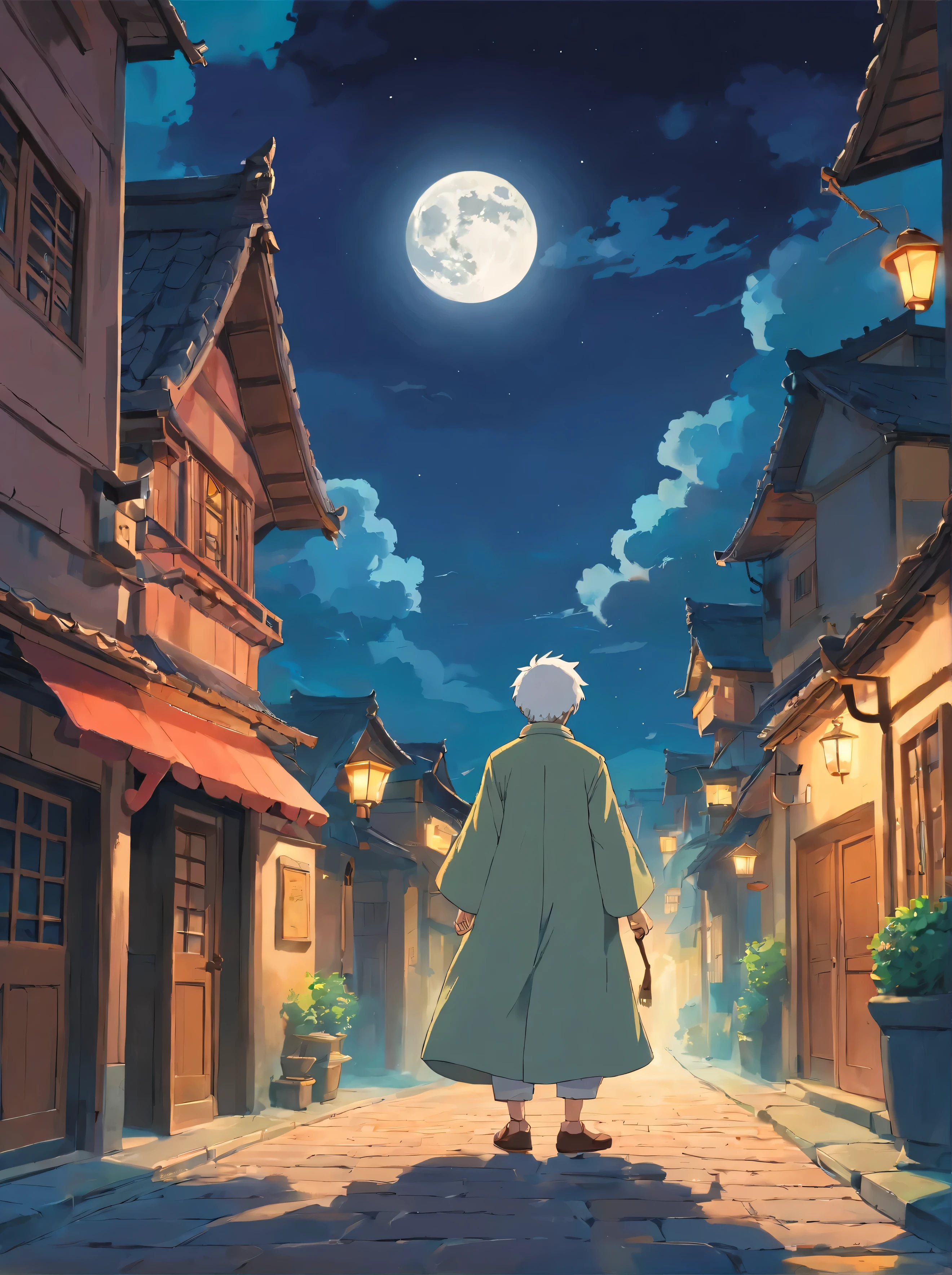 horror scene,nigth,Moon and big clouds,The silence is eerie,The wind outside was eerie, Silent street,Empty slate,The houses on both sides were illuminated by dim lights,In the middle of the street there is the back of a man with a bald head and a black robe,Holding a short wand in his hand。