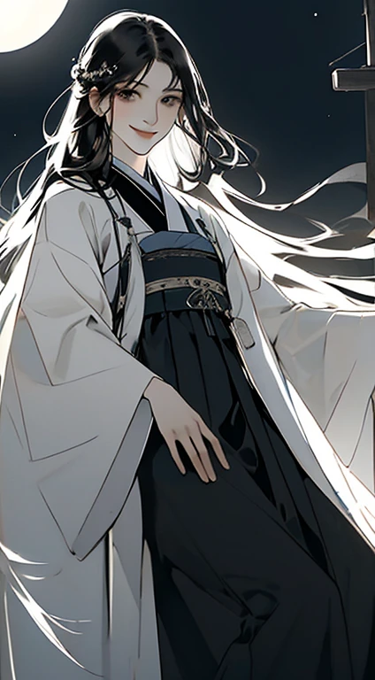 woman，White Hanfu，Long black hair，Flowing long hair，Wide-sleeved robe，antiquity，Solid color clothes，The clothes do not have any patterns，smiling，Soft Light，Ink，Behind it is the full moon，Low saturation，Low contrast，floodlight