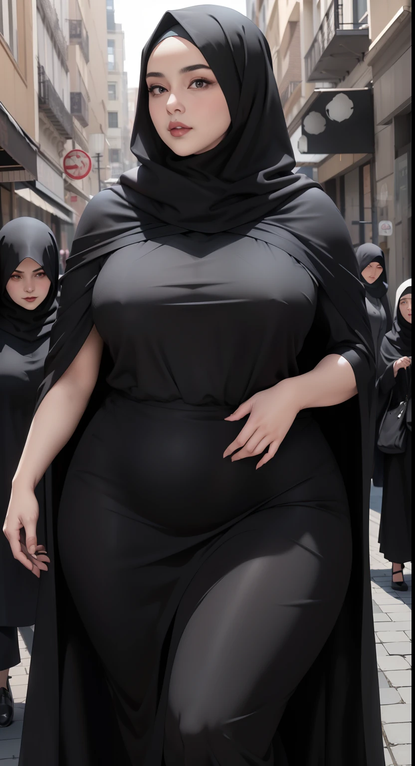 woman in black dress and hijab walking down the street, wearing black clothes and cape, hijab outfit, with a long black cape, hijab fashion model, plus size, plus size woman, wearing black robe, woman in black robes, beautiful burqa's woman, thicc, black outfit,, wearing a black robe, black, with cape, bbwchan 