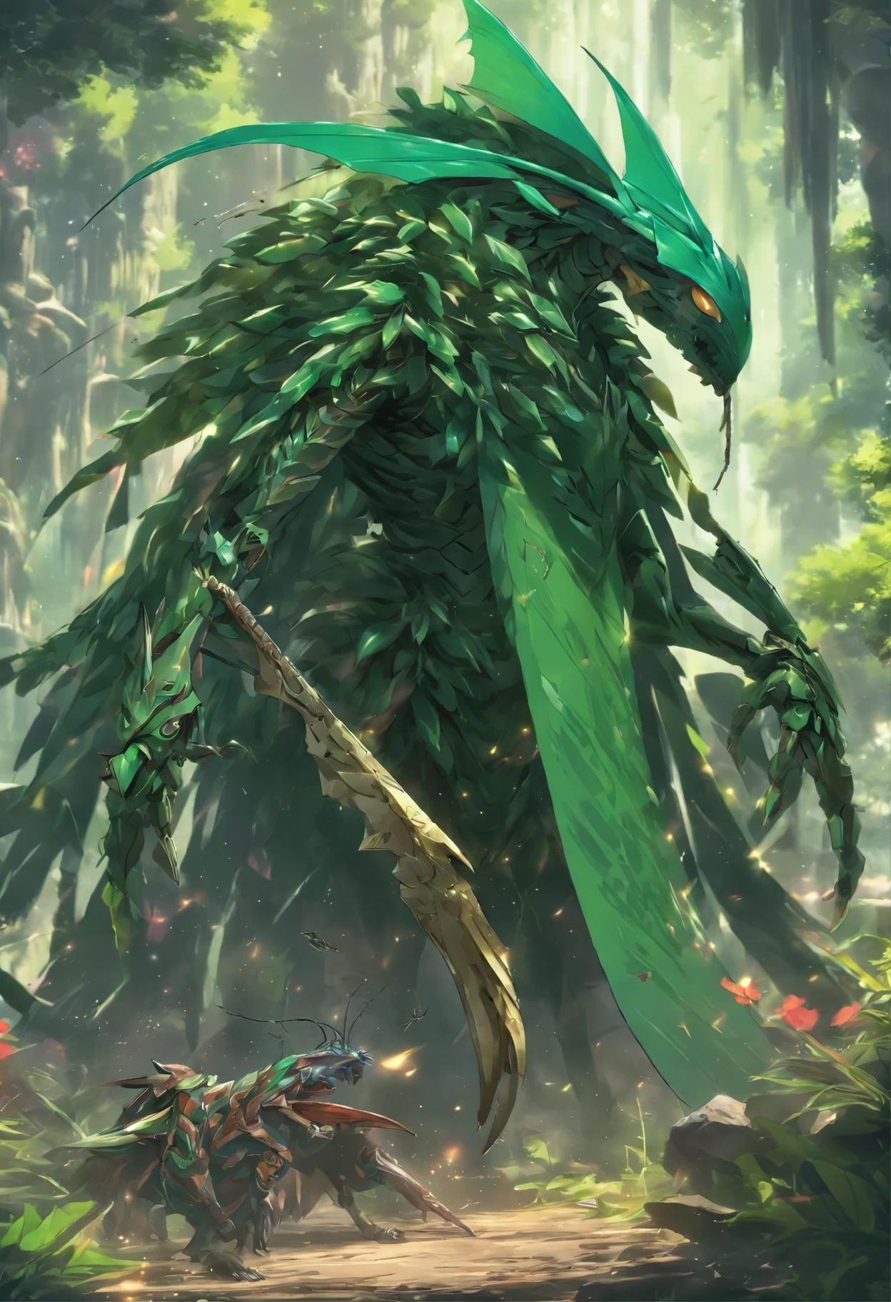 High quality rendering,(8k、The best quality at its best、masterpiece:1.2)、(Endless realism、Photorealistic:1.37)、Hyper Detail,Hyper HD,A praying mantis enlarged 10 times,zerg,Live Wallpapers,This is a picture of a praying mantis resting in a fantasy world.,(Dark green insect shell:1.2),(Exaggerated mantiforelimb,Leaf-textured shell:1.3),｛Death and skeletons,Three different elements, Time and Mantis, Used in the design of this character.:1.4｝,Monster Hunter,((Handsome insect,Encased in thick, powerful armor. The metal panels feature intricate designs.,This armor emphasizes the size of the scythe&#39;forelimb)),Insect characters that appear in card games