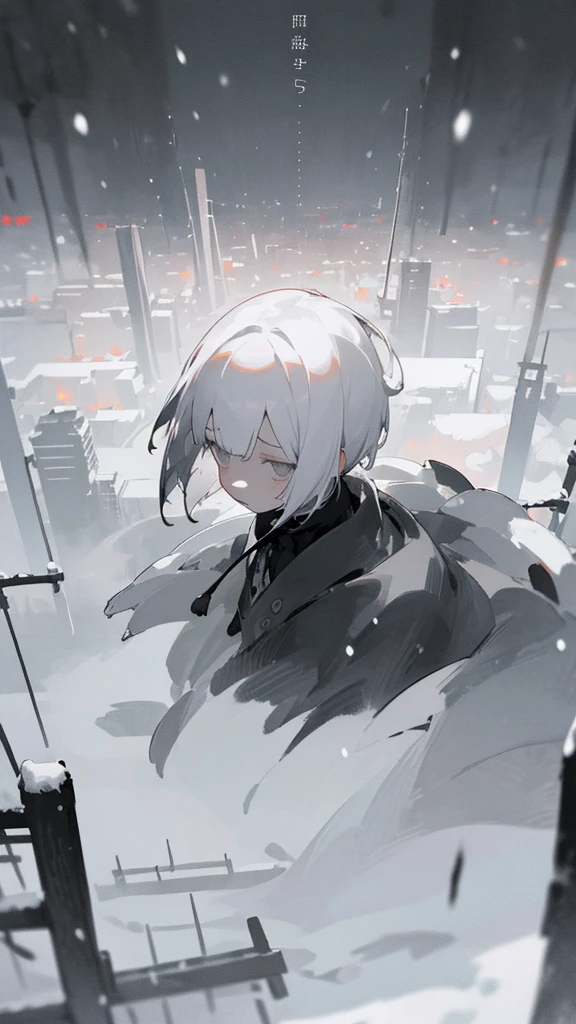 (masterpiece、highest quality)、Short nape hair、1 girl with very short white hair、Black cardigan、Grim expression、Grey Eyes、Warm lighting、 Blurred foreground、night深く、High Contrast、night、In the city,it&#39;s snowing,Heavy snowfall,winter,Alone in the vast snowy field,whole body,curse,Facing forward,Huge construction