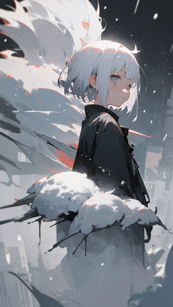 (masterpiece、highest quality)、Short nape hair、1 girl with very short white hair、Black cardigan、Grim expression、Grey Eyes、Warm lighting、 Blurred foreground、night深く、High Contrast、night、In the city,it's snowing,Heavy snowfall,winter,Alone in the vast snowy field,whole body,curse,Facing forward,Huge construction
