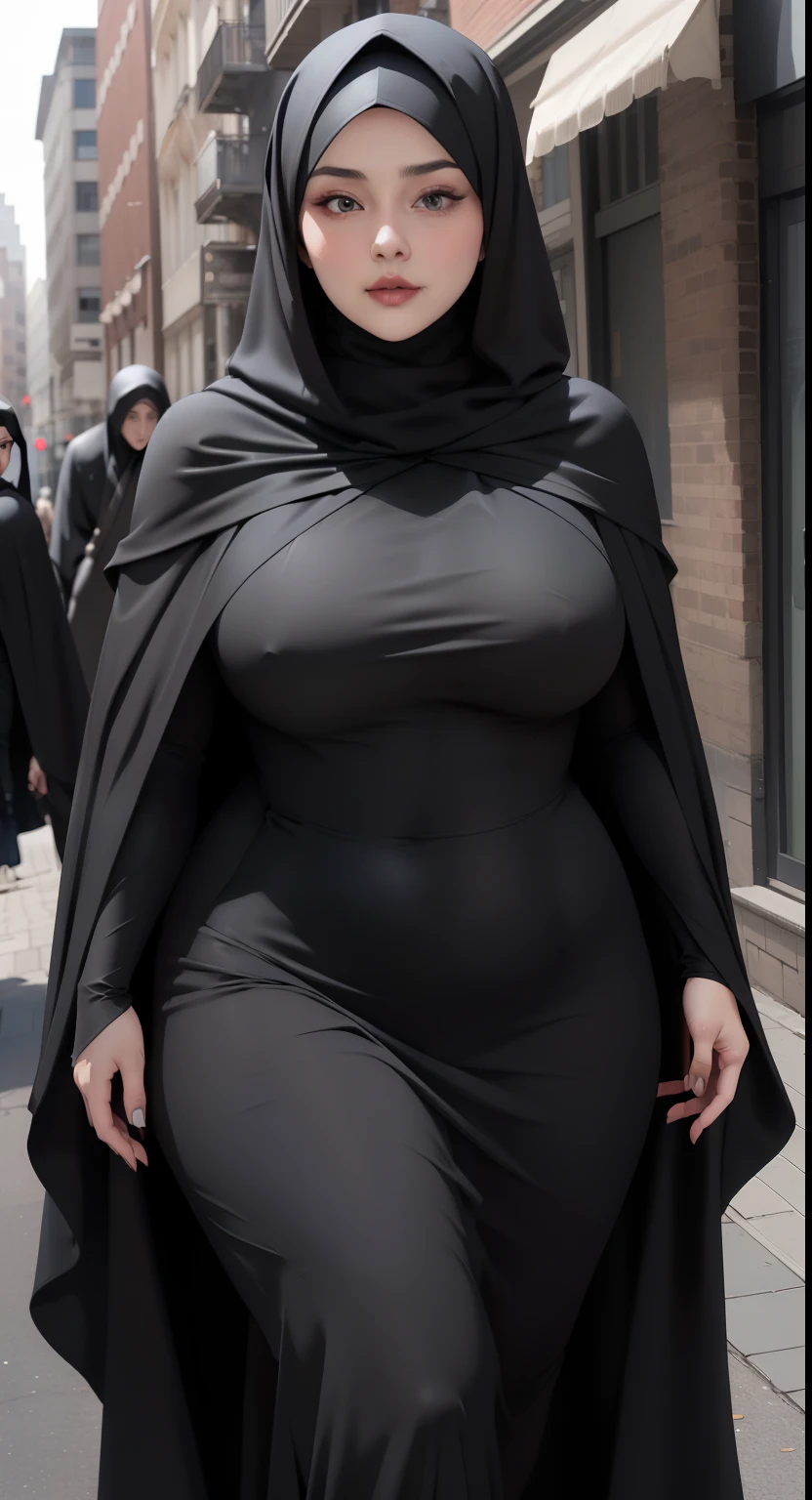 woman in black dress and hijab walking down the street, wearing black clothes and cape, hijab outfit, with a long black cape, hijab fashion model, plus size, plus size woman, wearing black robe, woman in black robes, beautiful burqa's woman, thicc, black outfit,, wearing a black robe, black, with cape, bbwchan