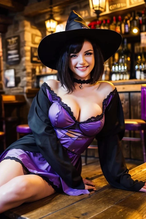 Beautiful witch woman, Short black hair, Purple eyes, Large Breasts, Dressed in witch clothes, Sitting in a pub and smiling, Realistic, Full HD, highest quality