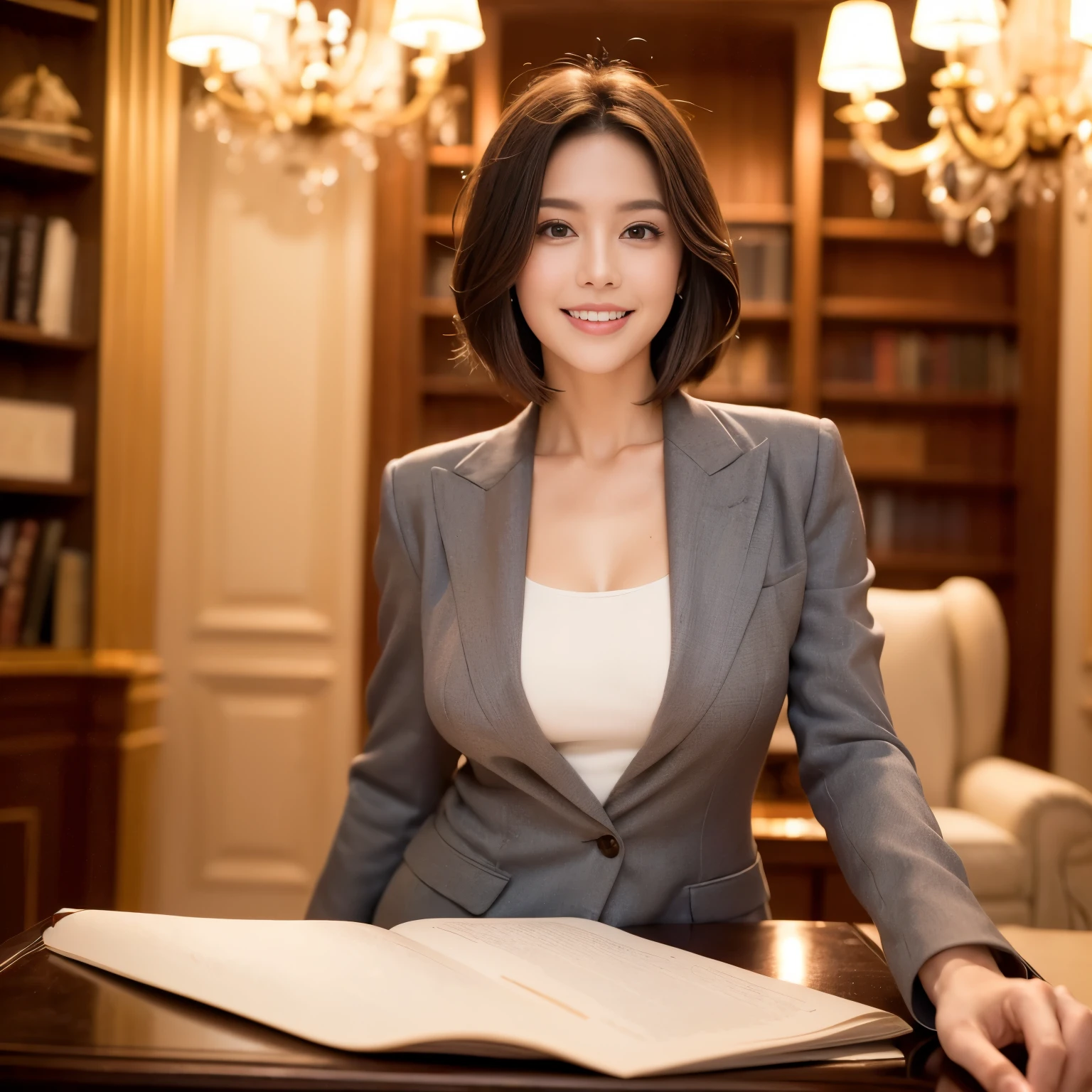 ((highest quality、Tabletop、8k、Best image quality))、((一人の成熟したwoman、She holds the most luxurious CEO position'office、Standing Elegantly、Secretary with elegant posture))、(photograph 1 枚:1.5)、(woman'photograph'Upper Body:1.5)、(womanカウボーイショット:1.5)、Hair Bun、(Grey suit、White Formal Blouse)、(The most luxurious and luxurious royal VIP room、bright lighting of chandelier、The most luxurious and luxurious desk、The most luxurious and luxurious glass showcase、the most luxurious and luxurious chair、the most luxurious and luxurious carpet、The most luxurious and luxurious bookshelf、the most luxurious and luxurious curtains)、Perfect Anatomy、Beautiful Teeth、Sad Smile、Detailed face、(D cup breasts)、(Standard body type)、(Short black hair:1.4)