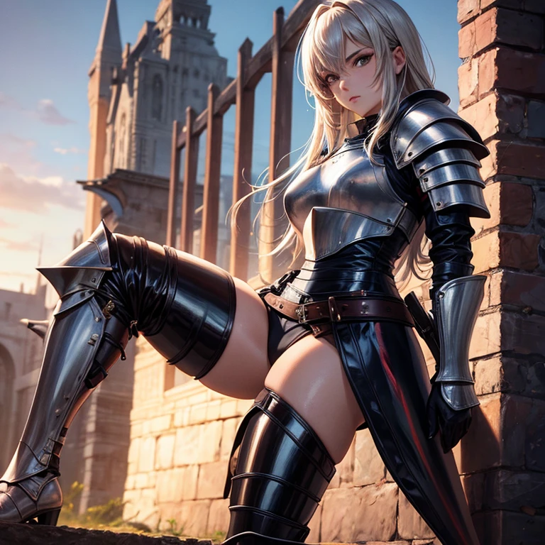 Hot. female knight, wearing plate armor, leather pants, full body, nice thighs,