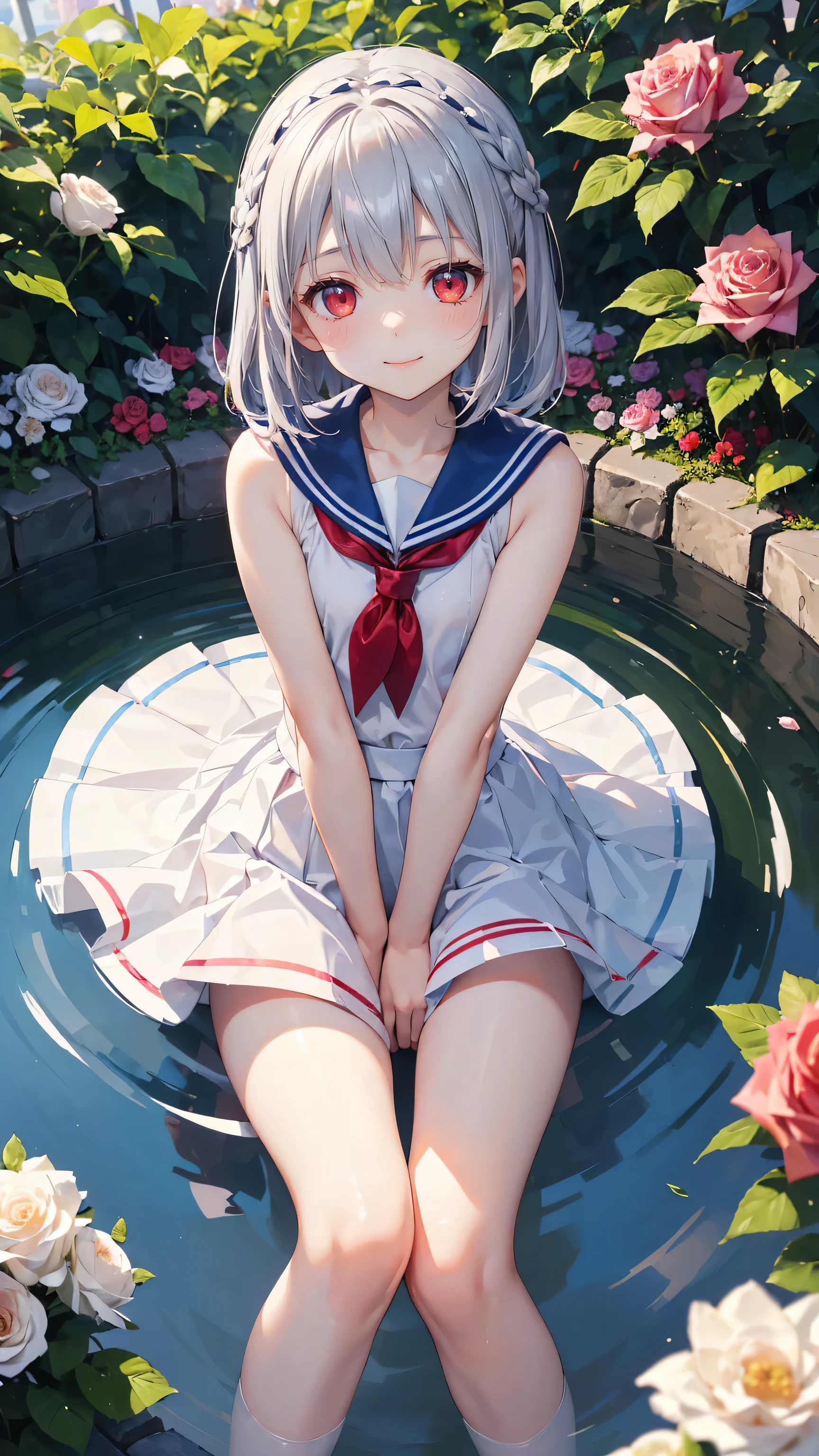 Very cute girl、(I' 8 y、Gray Hair、Shortcuts、Bangs too close to the eyes、bright red eyes、(Normal Human Ear)、Thin arms、Beautiful body、Thin legs、Flat Chest、Translucent white skin、smile、(Sailor suit、skirt、White and blue).(Rose Garden)、Playing innocently、Ultra HD、Digital SLR，sit、