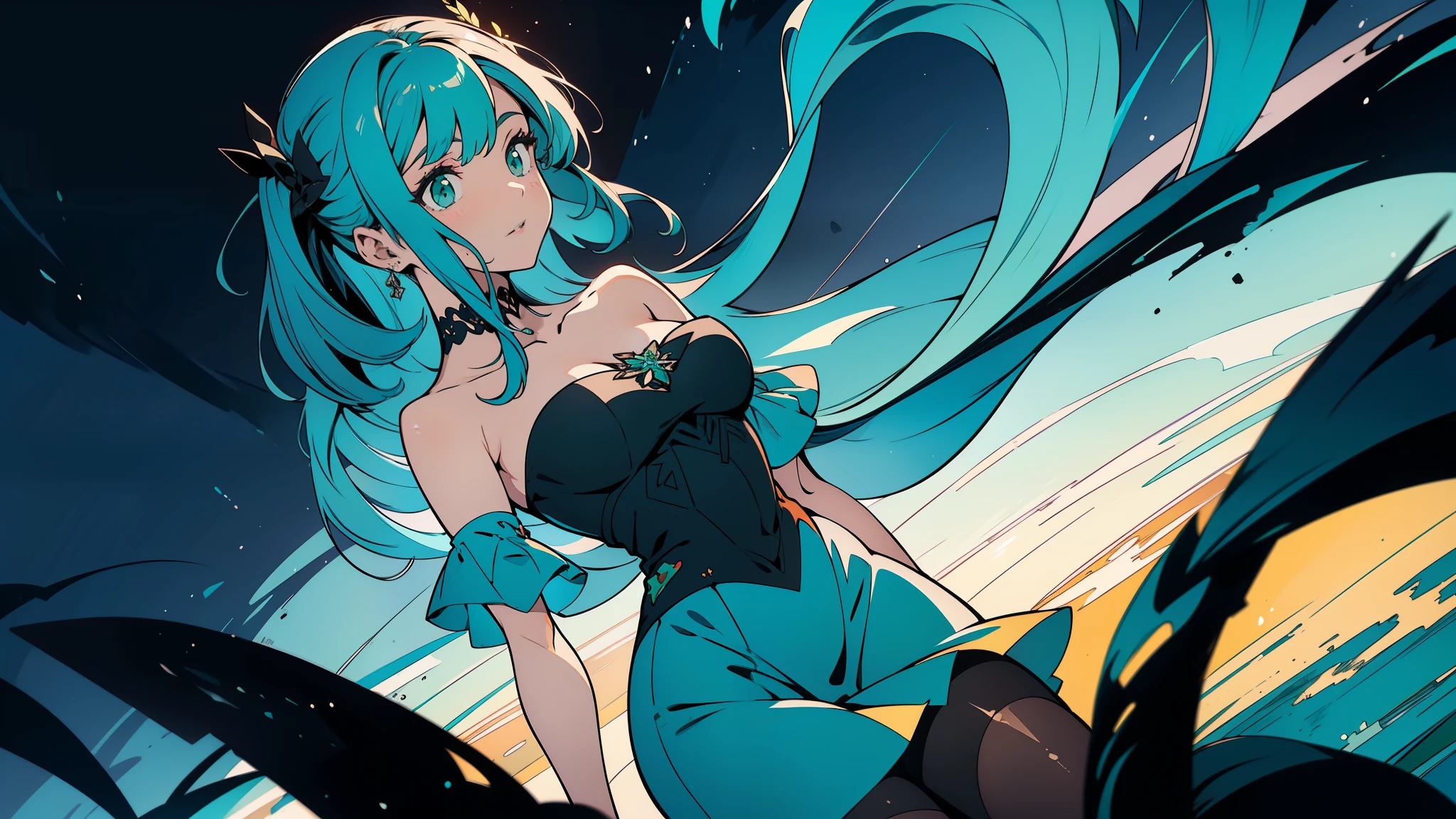(mejor calidad, Obra maestra), 1 chica, mirando abajo, viento, Particle, fondo sencillo, humor oscuro, parte superior del cuerpo, Cerebella de skullgirls, en el circo, noche, teal hair, ((medium hair)), (ponytail), (purple eyes), medium breast, ((orange dress)), traje con escote, Grandes piernas
