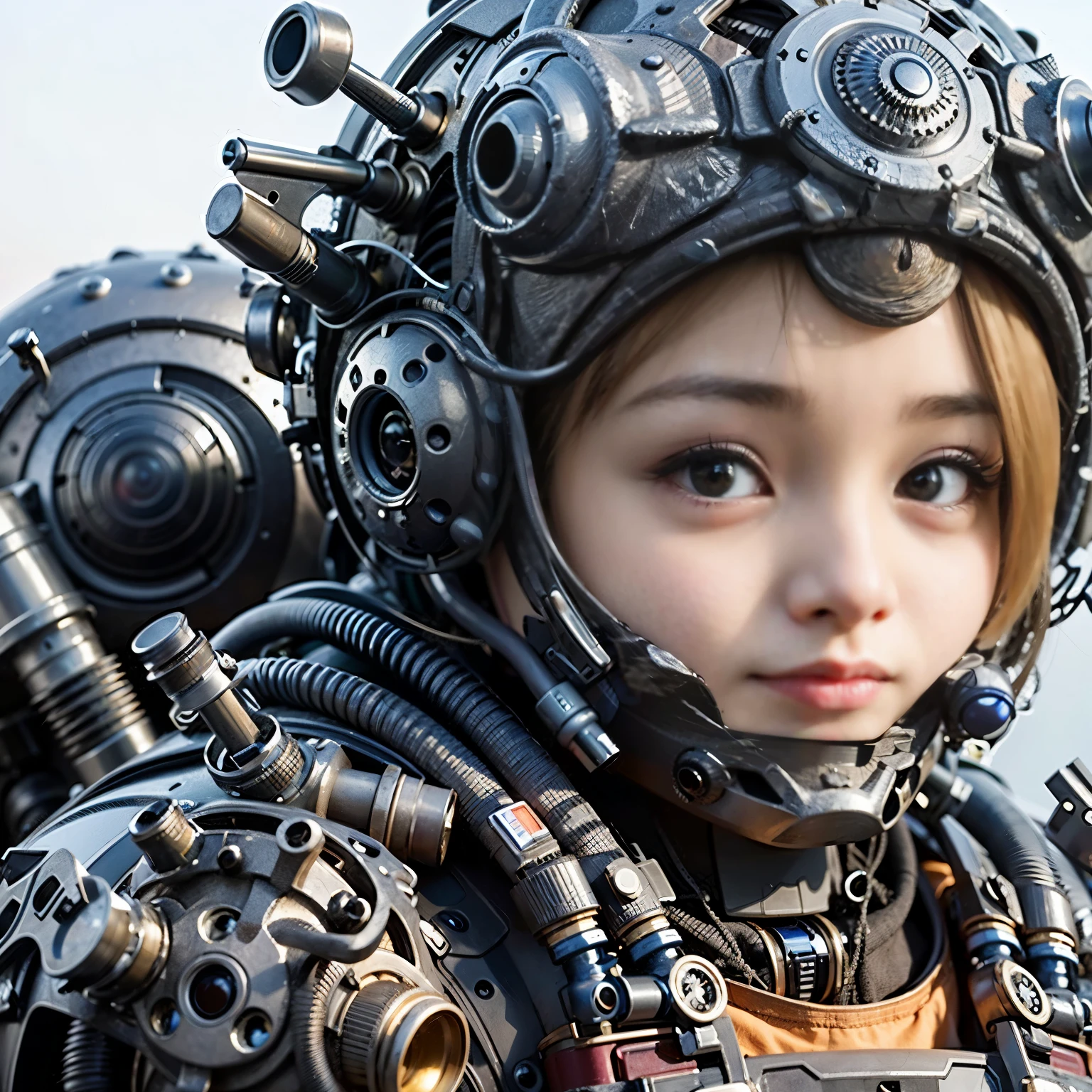 (Masterpiece, Best Quality: 1.2), (8K UHD, 16K, 32K, Ultra High Resolution), (Photorealistic: 1.37), (RAW Photo), Ultimate Reality, Ultimate Realistic Detail, Ultimate Realistic Texture , extremely intricate details (mechanical armor fused with a snail), power pipes, easy to understand, extremely intricate details, Japanese female soldier wearing mechanical armor, extremely cute face, extremely beautiful face, realistic, Full body shot, shot from the dawn of a secret base, cyberpunk