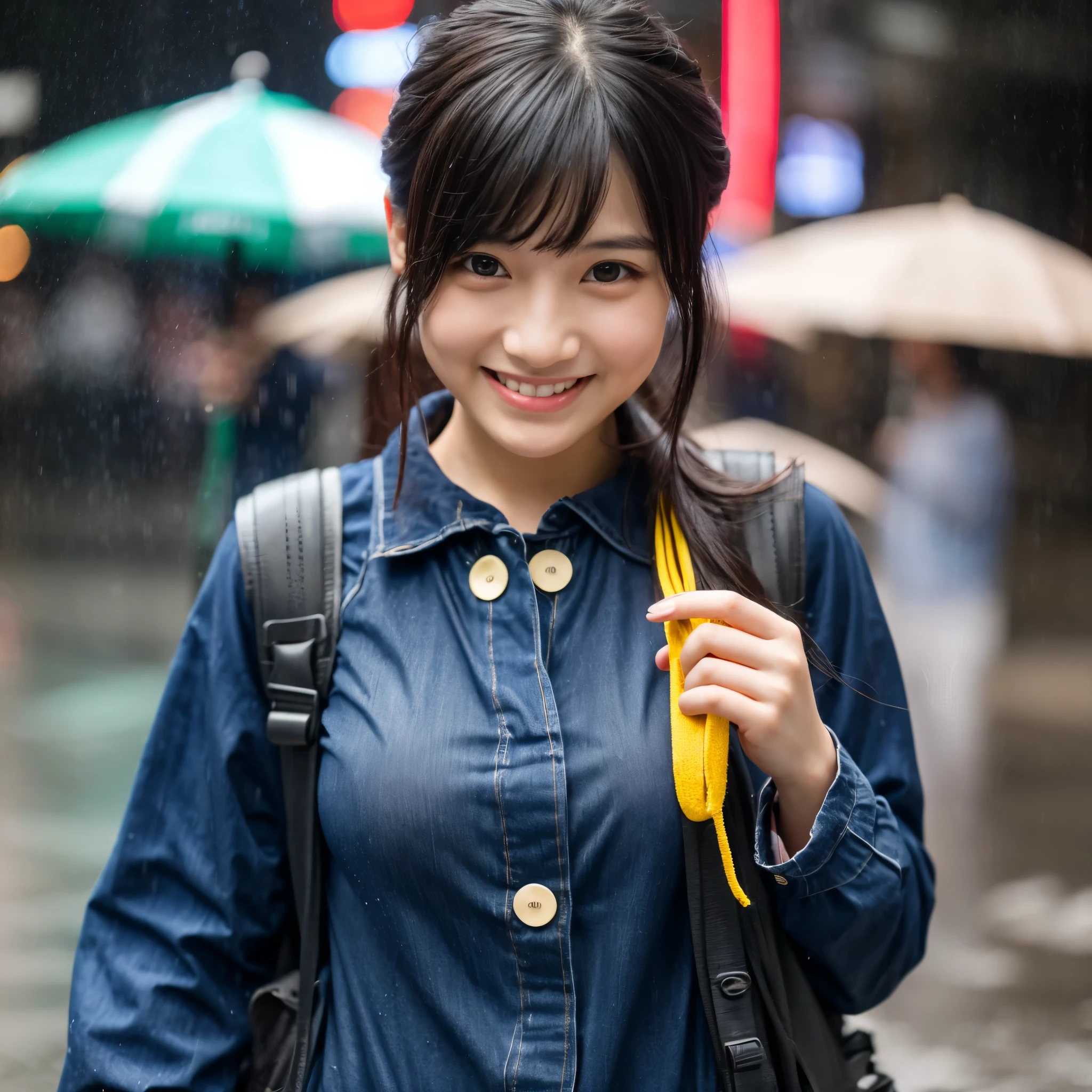 songkran,No umbrella, Wet roads , A young woman with a pretty face like a soaked idol,Smiling Kindly, drenched, Dripping, Wet Face,Wet clothes, Wet Skin, Wet Hair, Large Bust,RAW Photos,Genuine,Real,High definition,Raw photo,Tokyo,masterpiece, Realistic, beautiful, Clings to thin clothing