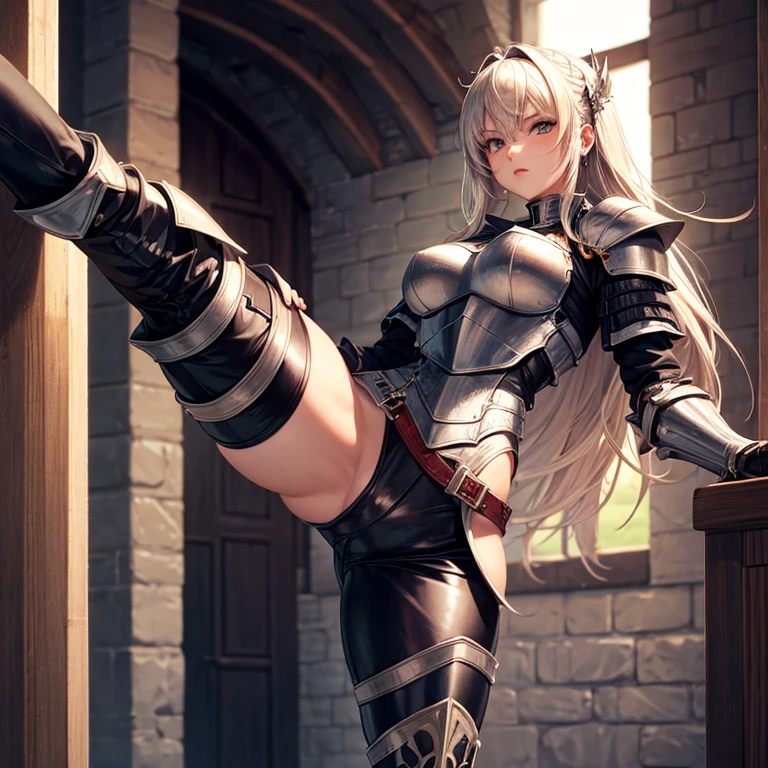 Hot. female knight, wearing plate armor, leather pants, full body, nice thighs, crotch_kick