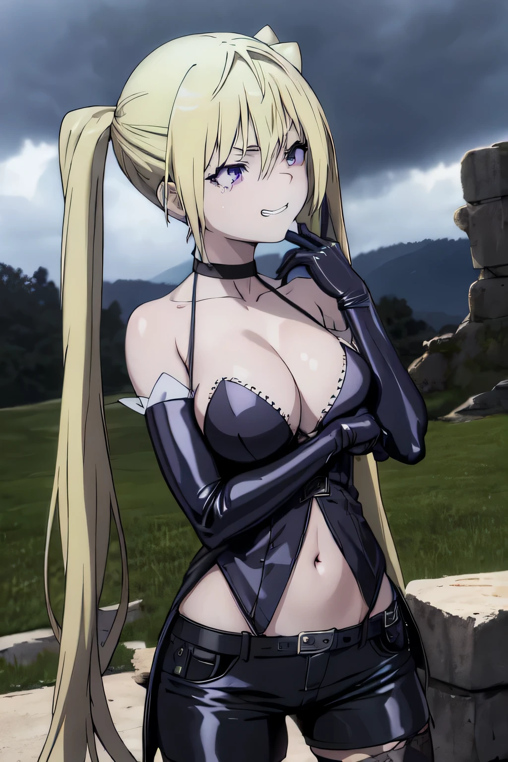 (masterpiece, best quality), 1girl, lieselotte sherlock,high quality, extremely detailed, perfect face,(dark and stormy skies, lightning)(masterpiece:1.0),(Highest_quality:1.0), 超High resolution,4k,Super detailed, photo shoot, 8K, HDR, High resolution, disorganized:1.2, twintail,grin,looking at the viewer,latex,elbow gloves,,, ,official art,short pants,(beautiful_face:1.5),(narrow_waist),,Highly detailed CG Unity 8K wallpaper, perfect lighting,smug,