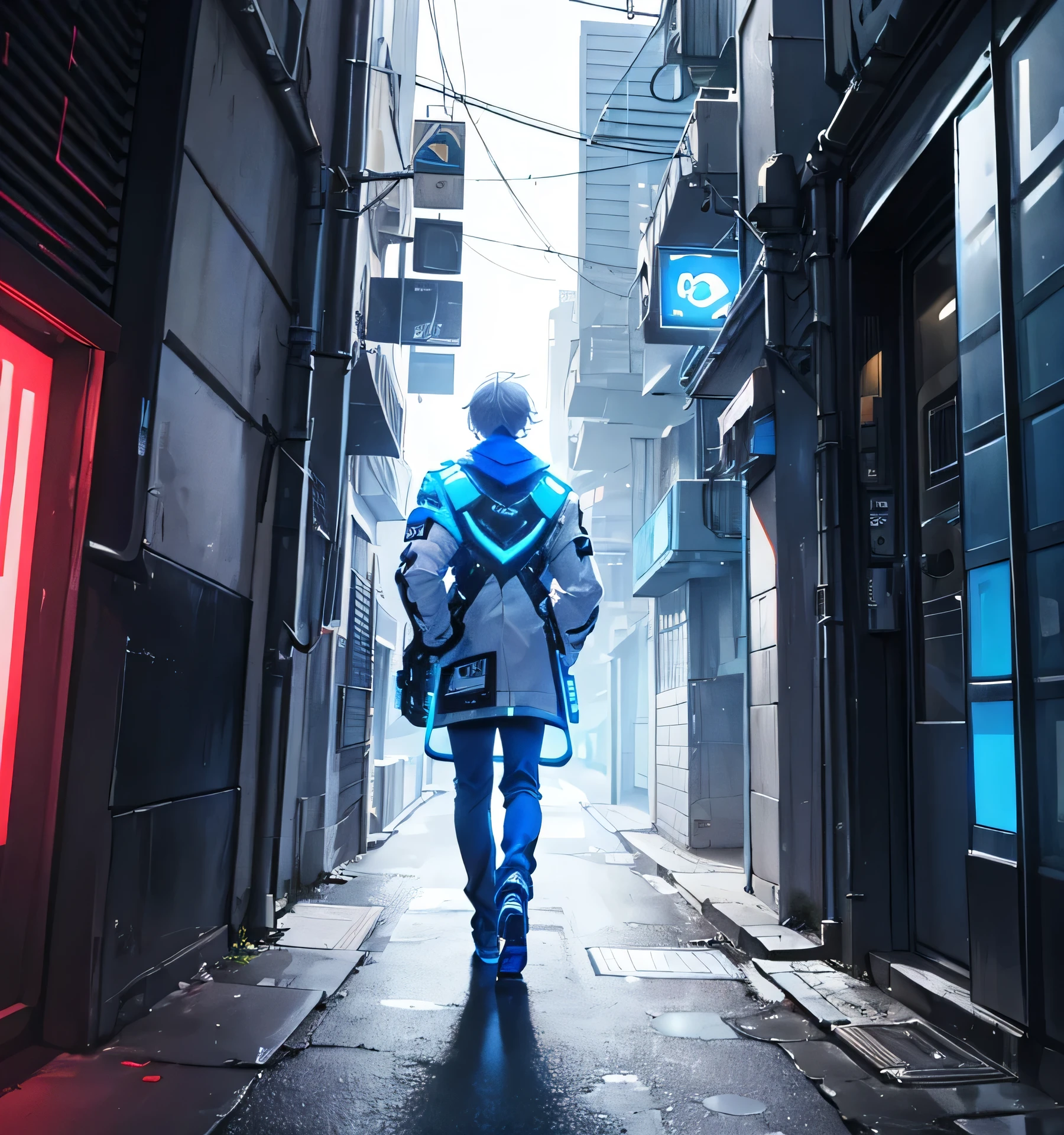 white man standing in the middle of an alley, DRX esports team style, Valorant style, standing in the middle of an alley, looking straight towards , wearing a white jacket, cyberpunk style, blue neon light from behind, small alley