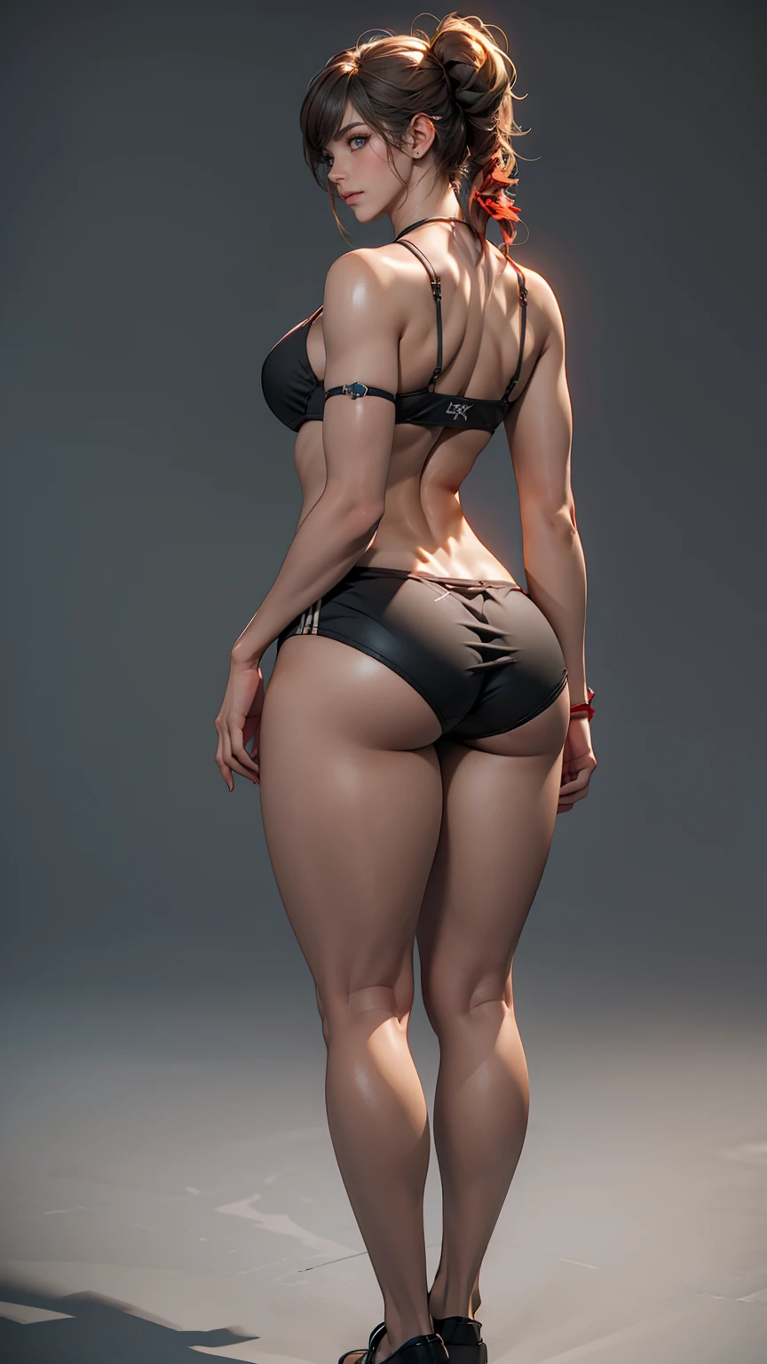 A strong girl with her back turned and looking over her shoulder, Long Red Hair, Fair skin, whole body, thickk thighs, Medium chest, Big Ass, detailed and defined eyes with eyeliner, bikini, thick, 3D Rendering Character Art, 8k, 3D Character Art, Realistic character concept, Unreal 3D Engine, detailed