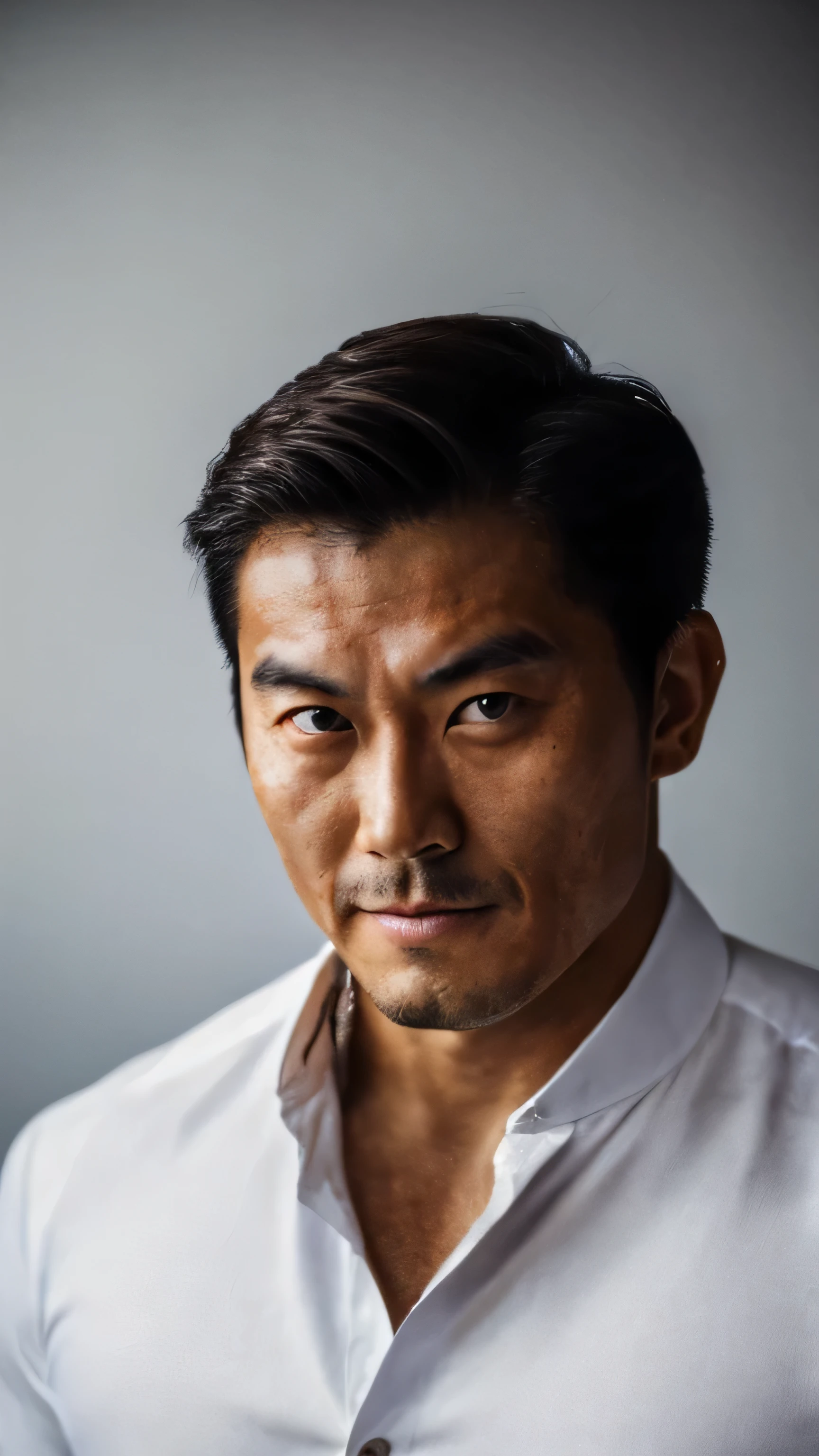 A thick,strong muscle、Very bulky young muscle,15 yo,View here、young men,(Japanese man with tanned brown skin:1.6)、(Skin lackluster:1.3)、(Chubby:1.0)(Sunburn:0.4)、Very Smooth Skin、japanese men、(Very manly face:1.2)、(muscle fat:0.5)(young face:1.0)(Big pectoral muscles:0.4)(mongoloid face:1.3),(Facial details:1.6),(Very short stature:1.2)、A man in a black shirt is looking at the camera, (Studio Lighting), (highest quality, High resolution), (Realistic), (Vibrant colors), (Portraiture), (Minor color grading), (Soft natural light), (Bokeh), (Fine details), (Expressive eyes), (Sharp focus), (Subtle Shadows), (Confident expression), (stylish haircut), (Dark Background), (Strong contrast), (Beautiful composition), (Strong gaze), (smile), (Smooth skin texture), (Neat shirt collar), (Neat hair styling), (Gentlemanly appearance), (A captivating presence), (Artistically captchastic), (Professional photography), (Captivating Portrait), (Impressive visual impact), (Timeless elegance), (Classic black and white), (Dramatic lighting), (Mysterious atmosphere), (Sublime Aura), (perfect pose), (Impressive personality), (Sophisticated charm), (Perfect Style), (Stimulating Expressions), (Artistic photography), (A beautifully composed shot), (Interesting facial features), (Perfect description).