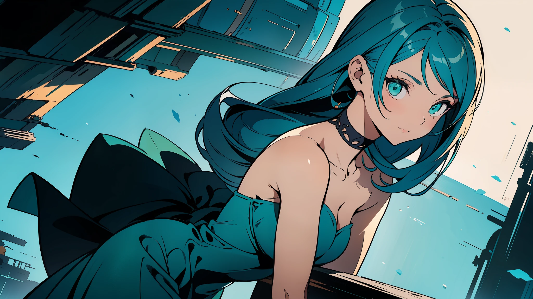 ((melhor qualidade)), ((obra de arte)), ((realista)) 19 anos, garota ruiva, Hair to the shoulders, rosto feliz e relaxado ((delgado)) (peituda) ((pernas longas)) ((salto alto)) ((( dark turquoise strapless bodycon dress ))) ((( mini-saia ))) ((sensual )) traje ciberpunk, corte de cabelo duende texturizado , Tiro certeiro. rosto bonito,