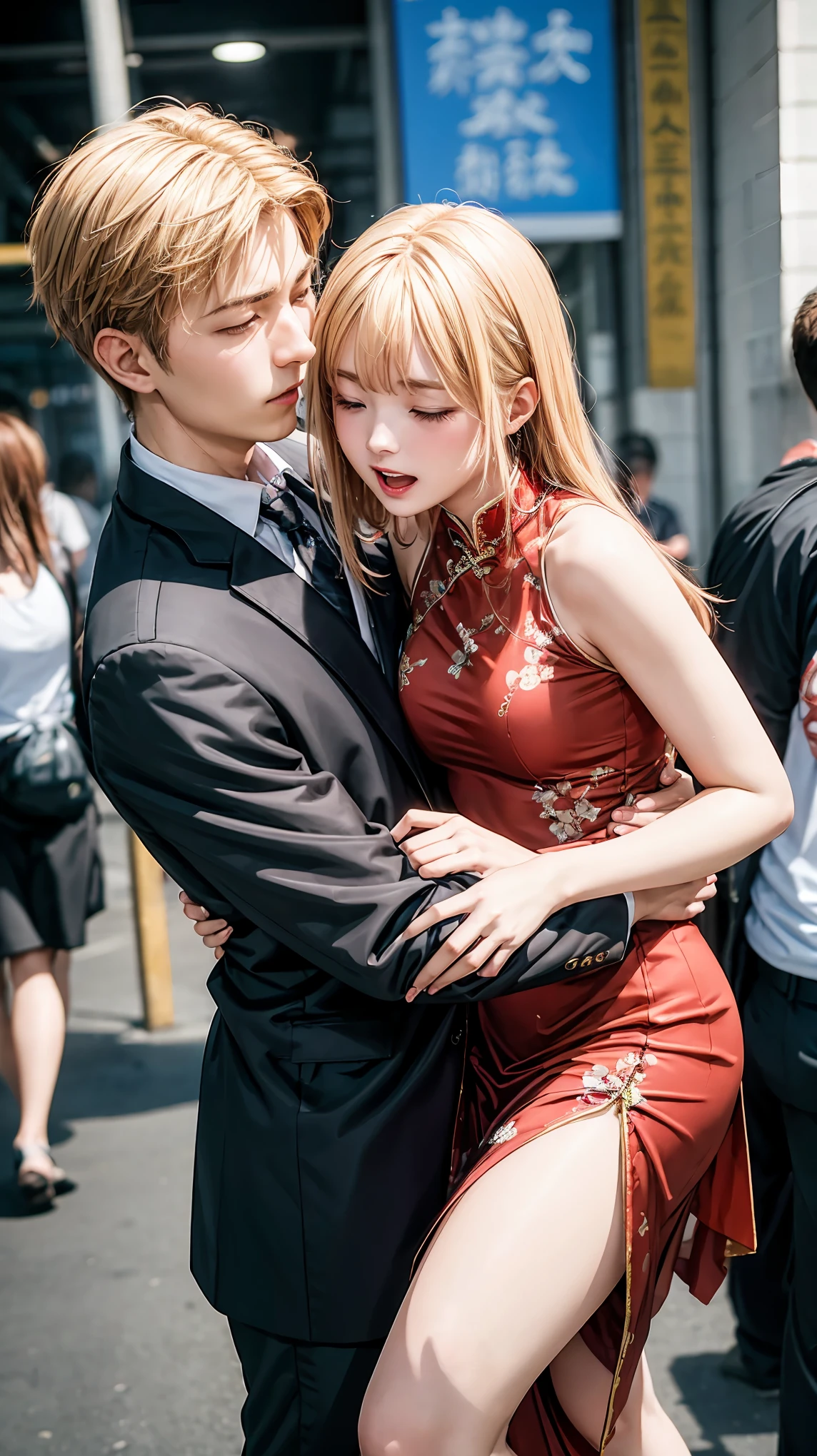 highest quality、4K quality、Man Attacking、Sleeping blonde woman in a Chinese dress、slender、Small face、、A man touches a woman's crotch