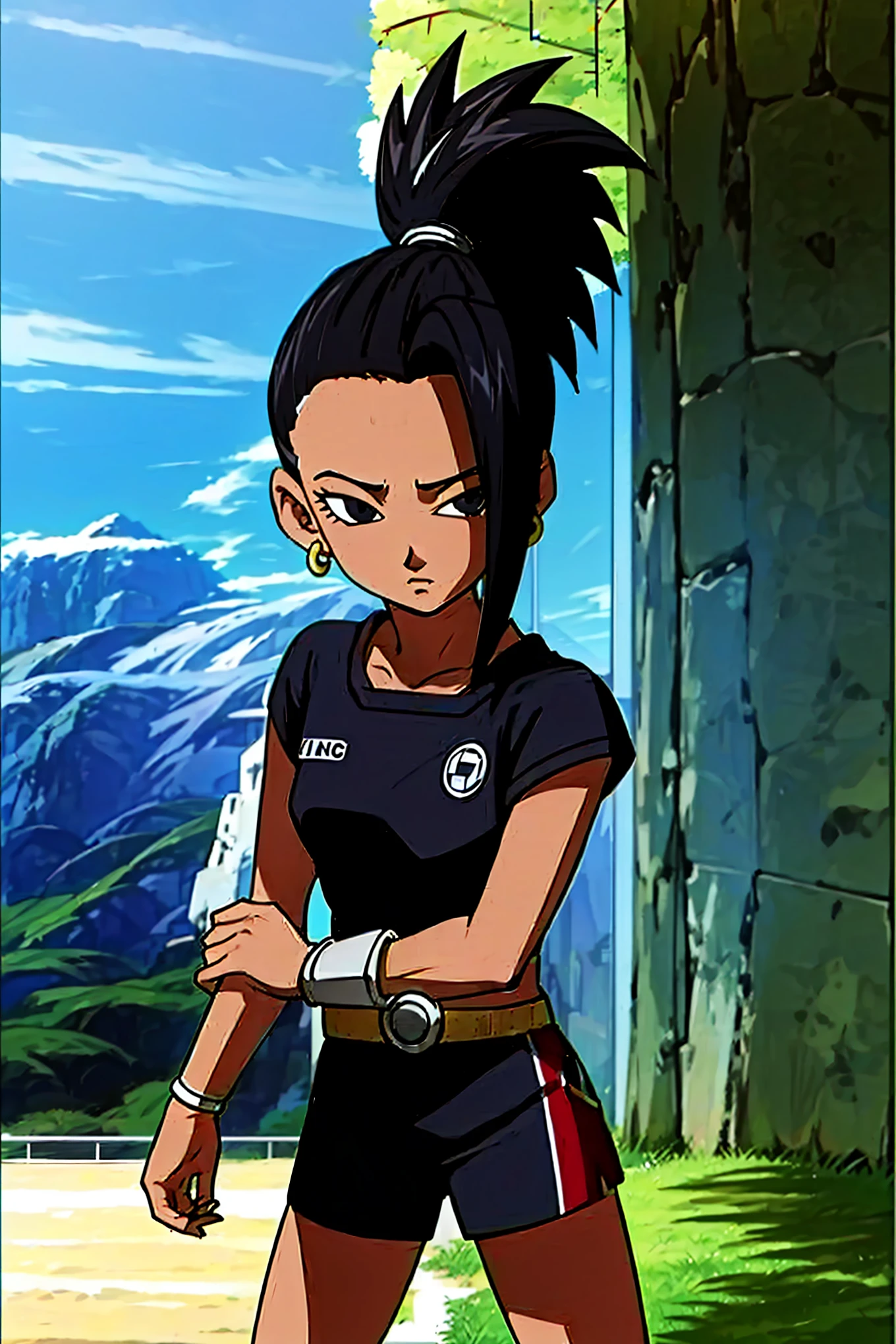 artwork, best quality, Kale, black eyes,black pupils, ponytail, top cut, armband, torso, standing, looking at viewer, wearing a blue shit from the football team manchester city, in the stands of a football stadium ,with a viewing angle capturing her entire body.The camera's viewing angle is close, capturing every detail of the character's face,Light brown girl, black hair.