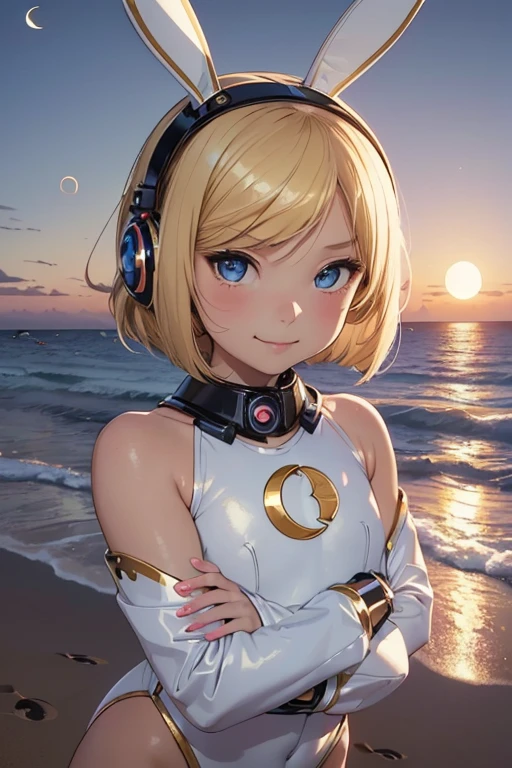 Photo of beautiful jpn-girl, masterpiece, 1 girl,
((8 years old:1.5)), Cyborg girl with blonde bob hair and blue eyes and dark skin, (blonde bob hair:1.2), smile, white latex leotard, (mechanical bunny ears headband: 1.2), headphones, (crescent moon sunset:1.3), bayside, shore, on the beach, (cowboy shot),