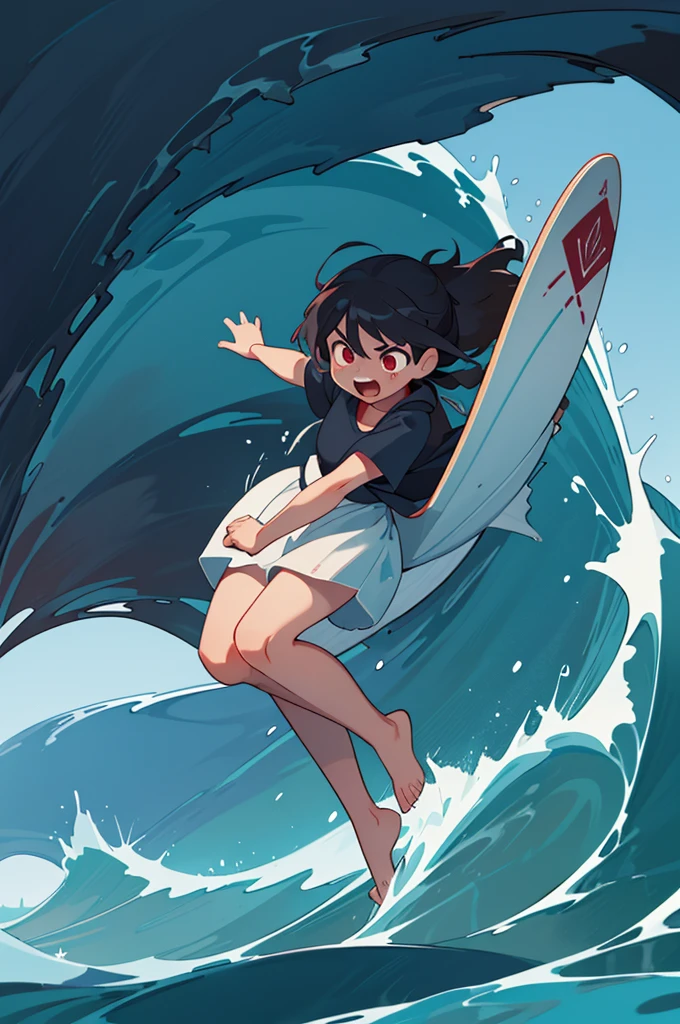 The background of the picture is on a sea。At this time, the left side is covered with dark clouds,There is a big wave under the dark clouds,The big wave has a ferocious face,With blood-red words behind him, "academic pressure", "social anxiety", "confusion", "fear", "anxiety", he pounced on the girl on the right with his fangs bared.。At this time, the right side is shining,There is a girl with a determined look on her face, riding a surfboard and escaping from the big waves.,Surfboards with words like "optimism", "friendship" and "love life"