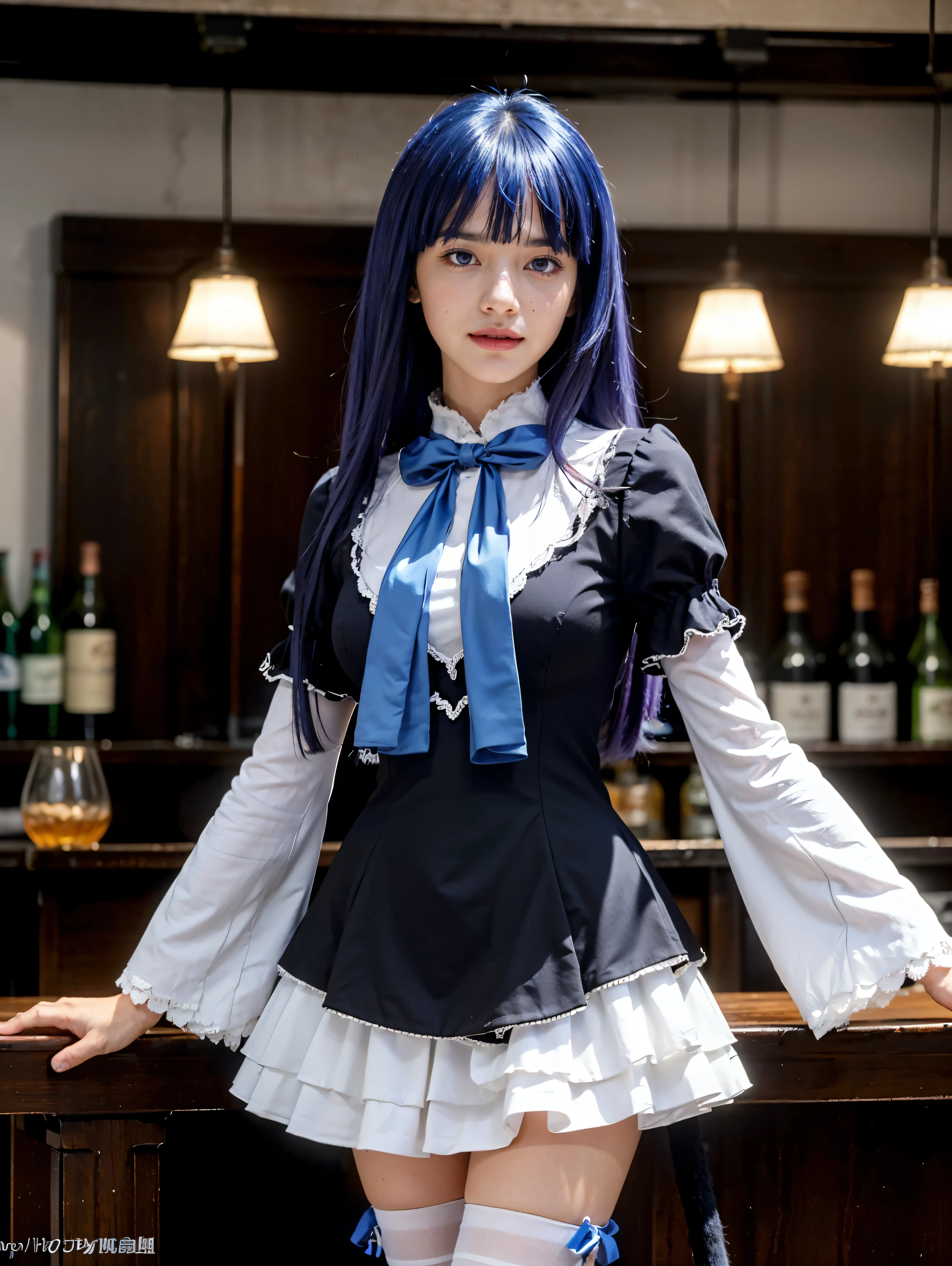 (1 lady), (Best quality at best:1.4), (ultra - detailed), (extremely detailed CG unified 16k), A Beautiful Woman with Perfect Figure: 1.4, Sharp Focus: 1.2, purple hair, very detailed, High-definition RAW color photo, professional photoshooting, amazing face and eyes, cosmetics, (amazingly beautiful girl), ((frederica bernkastel)), ((dress, bowtie, mary janes, socks, cat tail, tail bow, tail ornament)), standing, sexyposture,(Dark and stylish bar, drinks, lamp lights, lamp lights:1.3), (look from down), realistic cinematic face, head to feet long wide zoomed out view, full body long view, photorealistic, ((realistic natural purple hair style, purple eyes)), gorgeous, extremely beautiful face, perfect model beauty, pout mouth, Highly Detailed Face and Skin Texture, Detailed Eyes, Double Eyelids, Big Breasts, Smile, flirting smile, cleavages, western, (masterpiece), best quality, high resolution, extremely detailed, blurred background, depth of field, cinematic lighting, amazing legs, high heels, clear and well-cared skin,