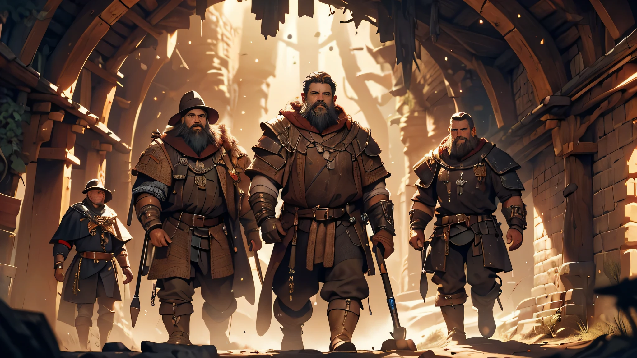 (a) best quality,ultra-detailed,highres,realistic,sharp focus,professional,physically-based rendering
(b) dwarves,miners
(c) underground,mine tunnel
(d) medieval fantasy,adventure,magical
(e) detailed mining tools,dark atmosphere
(f) vibrant colors,magical light effects
(g) dusty,earthen textures