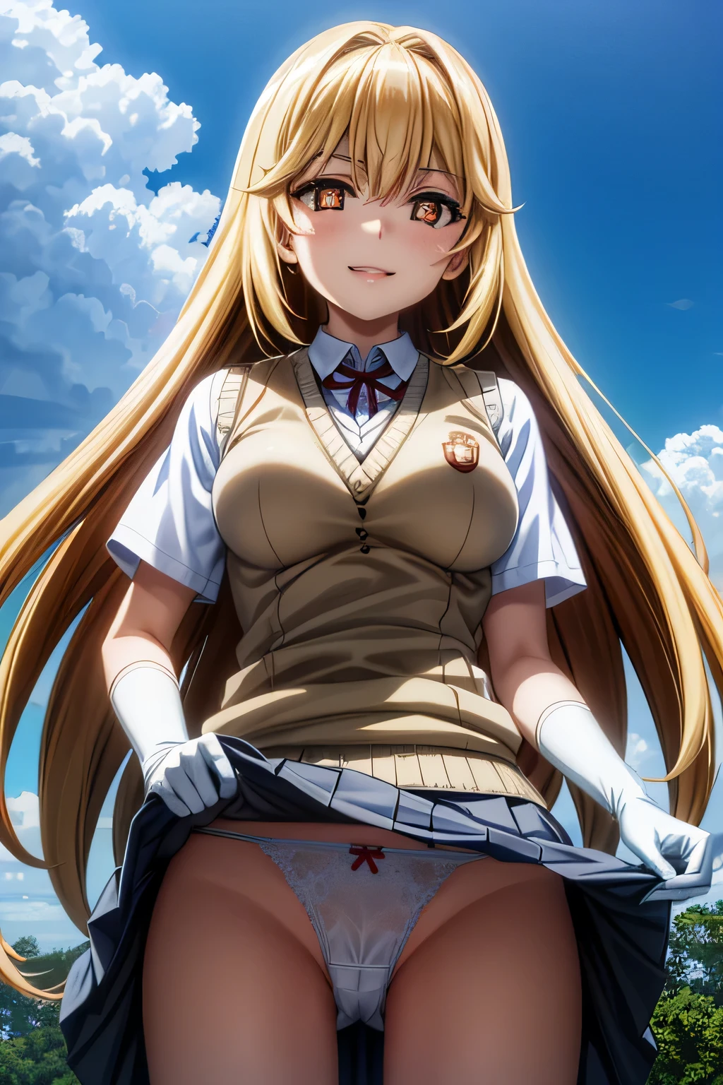 misaki shokuhou, blonde hair, hair between eyes, long hair, (symbol-shaped pupils:1.5), yellow eyes,elbow gloves, gloves, , short sleeves, summer uniform, sweater vest, tokiwadai , white gloves, (light brown sweater vest:1.2), 1girl,18yo,perfect hands, perfect finger,perfect anatomy,masterpiece, best quality,realistic, hyperrealistic, 16k hdr, outdoors,strong wind,(happy smile:1.2),(skirt lift herself:1.5),(see through micro panty,thong:1.3),(from below:1.2),spread legs,huge breasts,dynamic angle