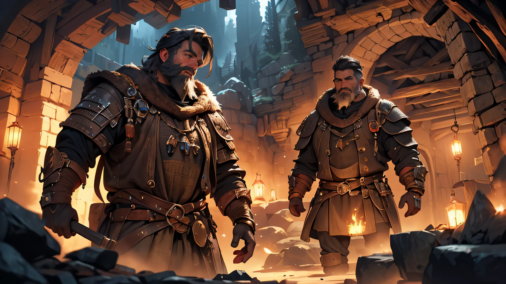 (a) best quality,ultra-detailed,highres,realistic,sharp focus,professional,physically-based rendering
(b) dwarves,miners
(c) underground,mine tunnel
(d) medieval fantasy,adventure,magical
(e) detailed mining tools,dark atmosphere
(f) vibrant colors,magical light effects
(g) dusty,earthen textures