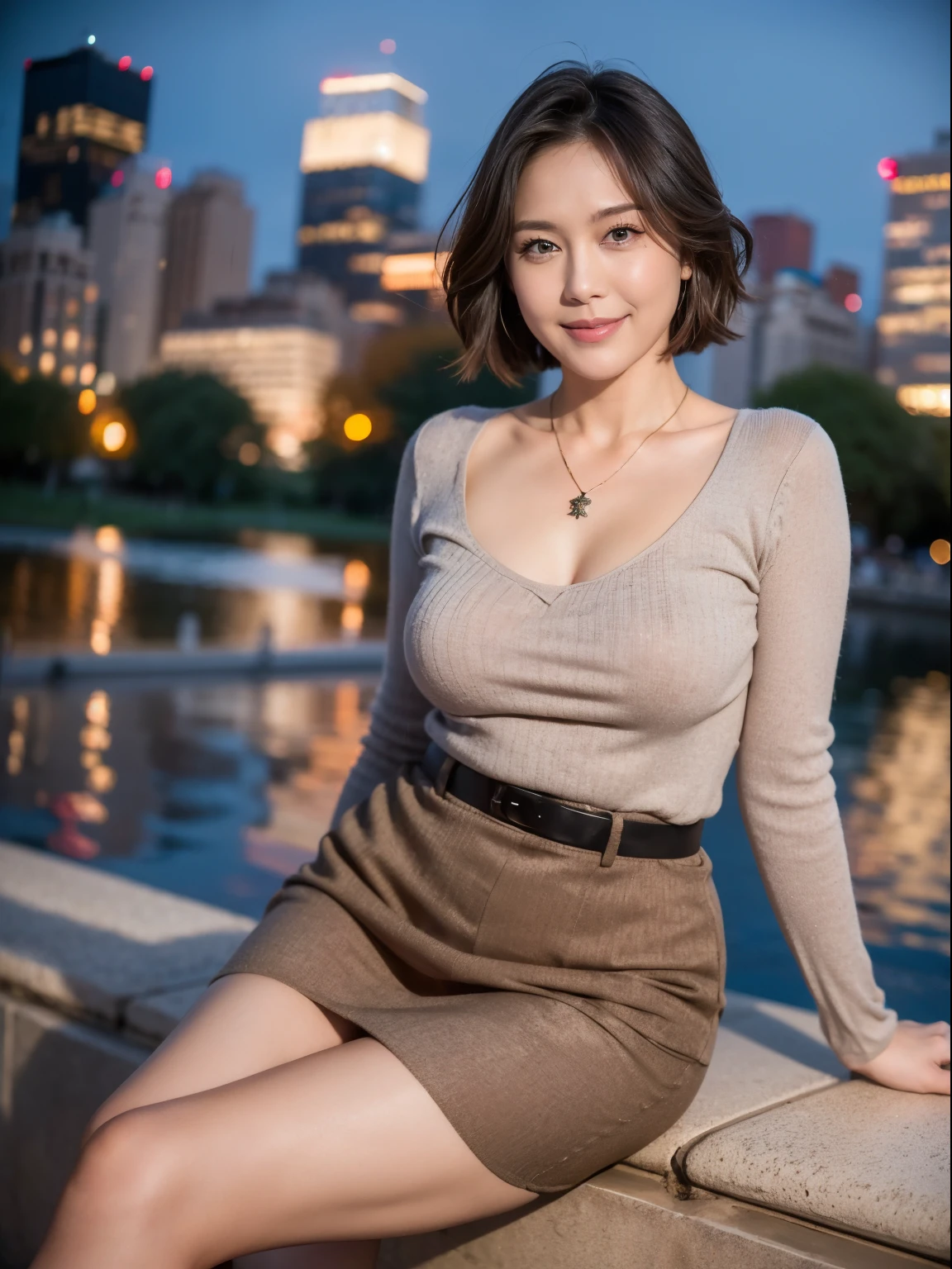 (RAW Photos:1.2), (Realistic:1.4),Beautiful detailed woman,非常にBeautiful Eyesと顔, Beautiful Eyes, Very detailed,High resolution, Very detailed,highest quality,Awareness-raising,Unified,8k wallpaper,masterpiece,highest quality,1 female,alone,rich,Whole Body Ezbian,(A little chubby:0.9),Toned figure,There'Foot meat,Narrow waist,alone,(Grey knit,temperament knit skirt,High heels),jewelry necklace short hair,A kind smile,A dignified atmosphere,black eye,Realistic,Central Park , (Night Park:1.1)、(43 years old、Japanese)