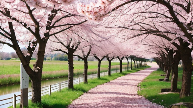 Ink Painting landscape「Cherry Blossom Path」 prompt: 桜の花びらが舞い落ちるlandscapeを描く。