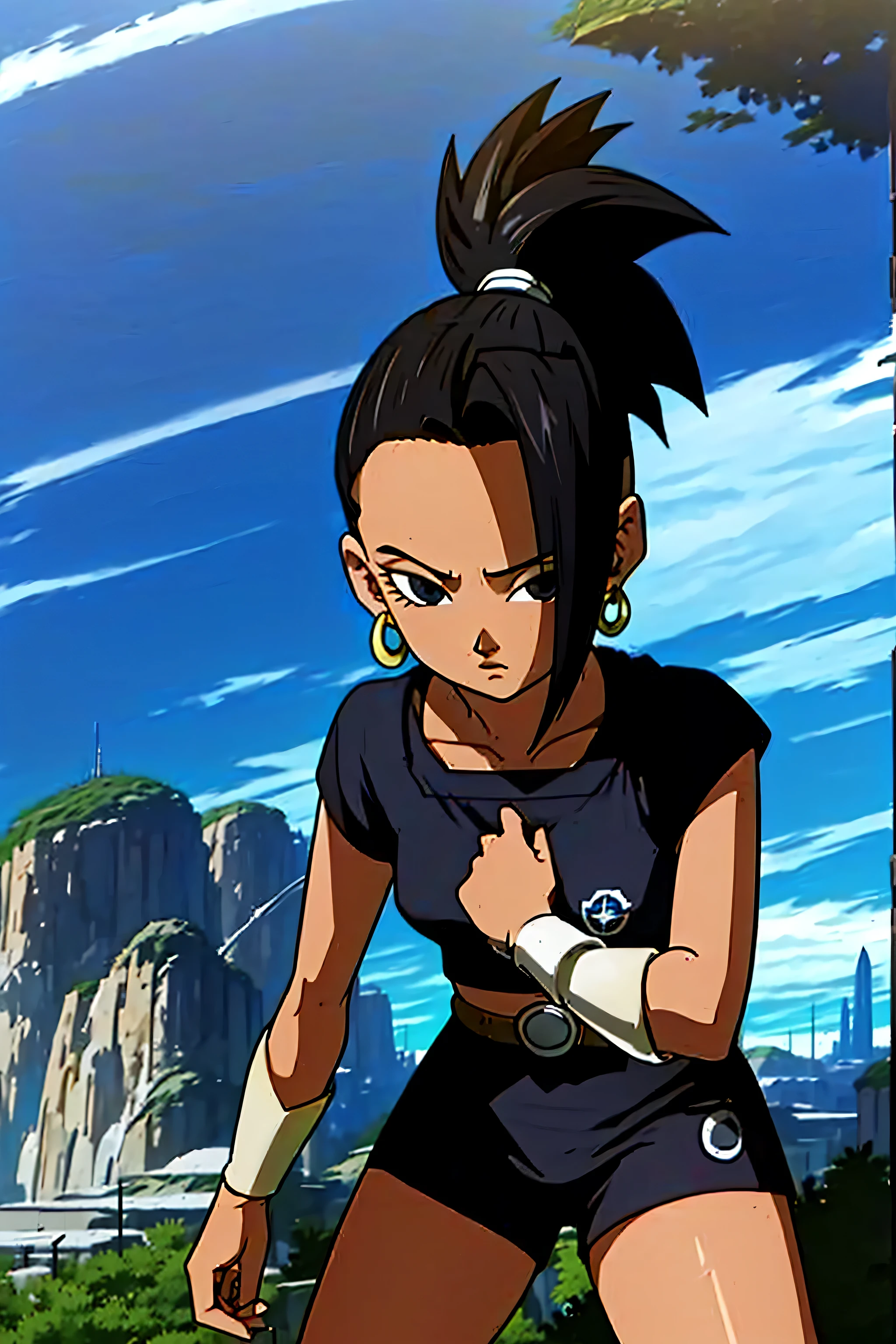 artwork, best quality, Kale, black eyes,black pupils, ponytail, top cut, armband, torso, standing, looking at viewer, wearing a blue shit from the football team manchester city, in the stands of a football stadium ,with a viewing angle capturing her entire body.The camera's viewing angle is close, capturing every detail of the character's face,Light brown girl, black hair.