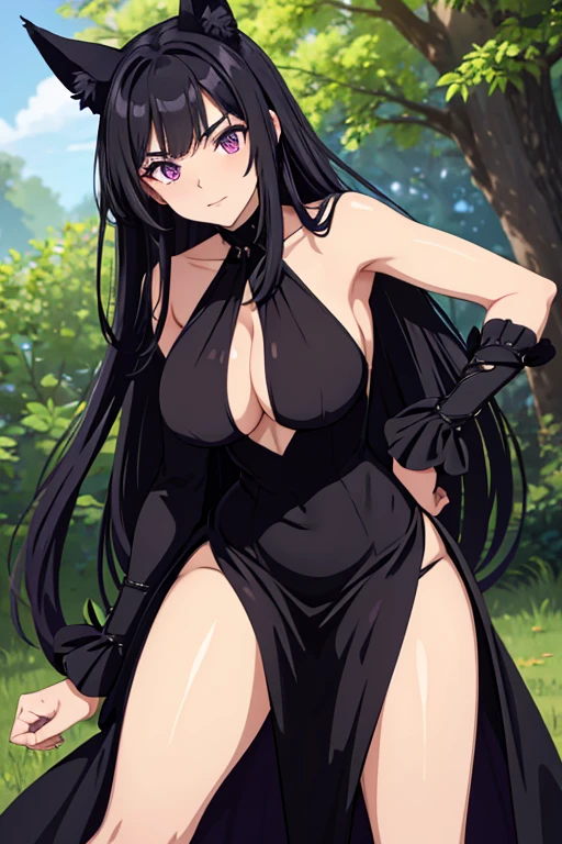 A black haired woman with purple eyes and an hourglass figure with black fox ears and a black fox tail wearing a victorian gown is leaning against a tree