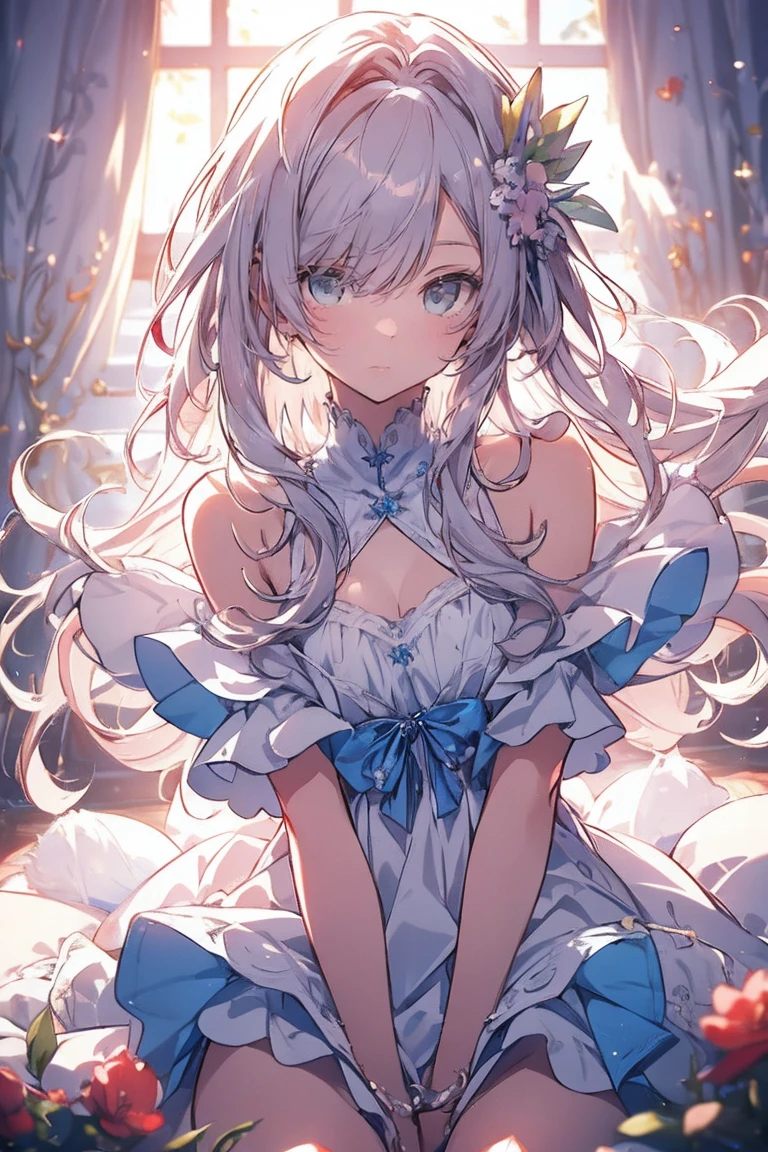Wedding dress,scarf,girl,White pantyhose,White hair,Long hair,Cat ear,Heterochromia blue-yellow,Smile,Female face,There are bright spots in the eyes,Female hands,White little hands,Normal fingers,flat chest