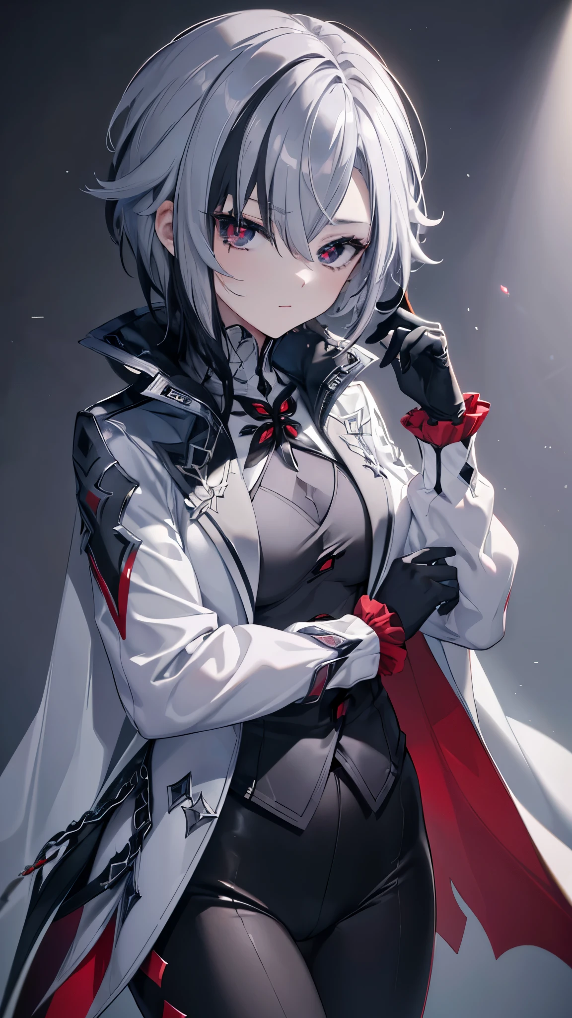 (masterpiece, top quality, best quality, official art, beautiful and aesthetic:1.2),(8k, best quality, masterpiece:1.2), (((masterpiece))),(((best quality))),(((extremely detailed))),illustration,who, (masterpiece, top quality, best quality, official art, beautiful and aesthetic:1.2),(8k, best quality, masterpiece:1.2), 1girl, arlecchino \(genshin impact\), (x-shaped eyes, symbol shaped eyes, cross eyes), masterpiece,best quality, arlecchino \(genshin impact\), 1girl, grey hair,multicolored hair, short hair,red eyes,symbol-shaped pupils,black gloves, long sleeves, grey jacket,grey bodysuit, black pants, cowboy shot, white background, expressionless,