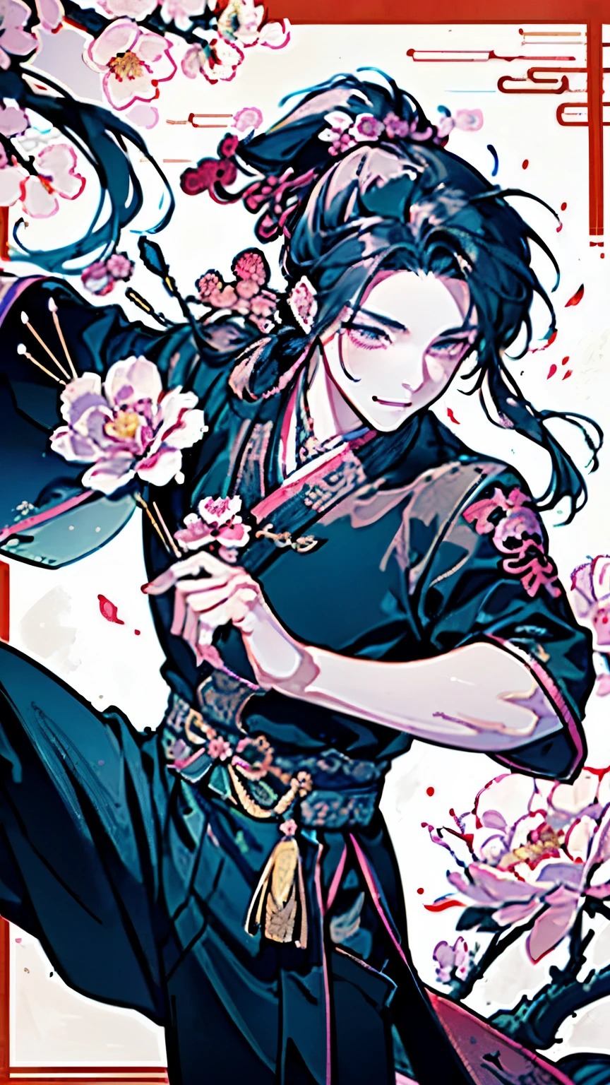 ((A boy about 16 years old)),(Ancient Chinese style war god costume),(Ink painting of dragon and tiger),(Long ponytail:1.5),((Fantasy)),(Kaminarimon pattern background),((Raising his leg)),(Martial Artist:1.3),((Active Movement:1.35)),(There are lots of pink flowers),smile