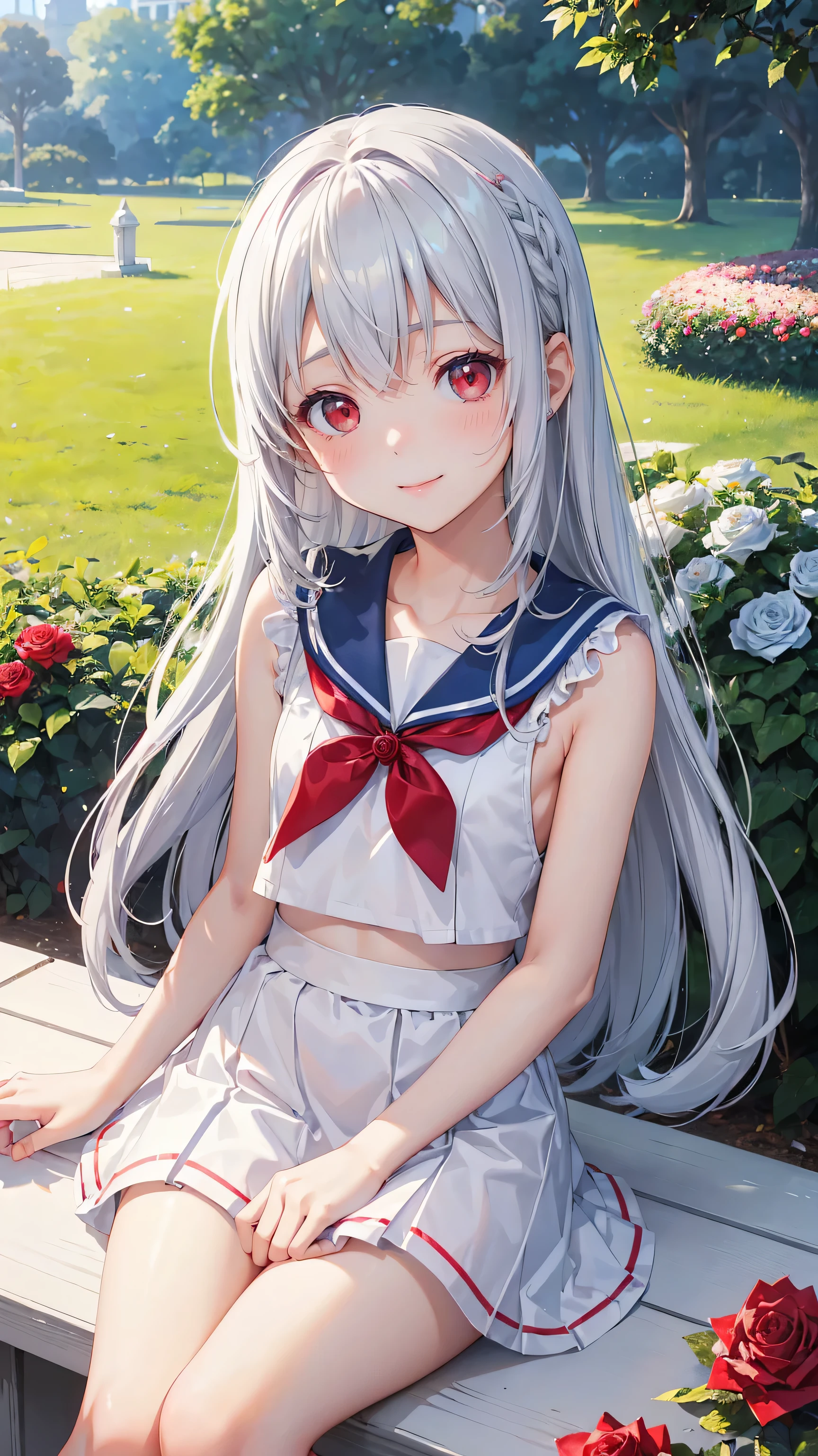 Very cute girl、(I'm )、Gray Hair、Shortcuts、Bangs too close to the eyes、bright red eyes、(Normal Human Ear)、Thin arms、Beautiful body、Thin legs、Flat Chest、Translucent white skin、smile、(Sailor suit、skirt、White and blue).(Rose Garden)、Playing innocently、Ultra HD、Digital SLR,sit、