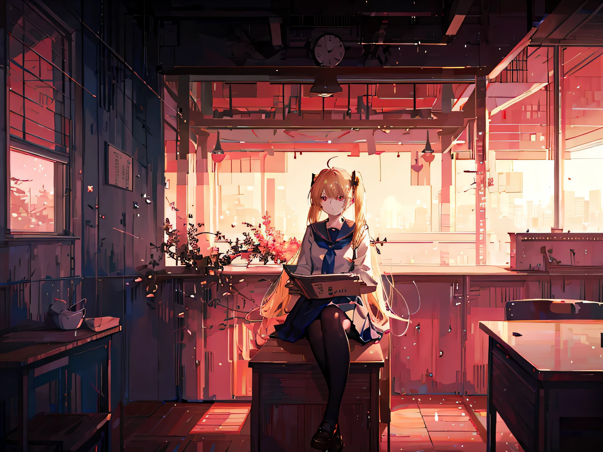 (Very detailed CG Unity 8k wallpaper,masterpiece, highest quality, Very detailed),School classroom atmosphere,wood々Sunlight shining through the gaps,A beautiful blonde high school girl with twin tails and ahoge(D Cup),Smartphone in hand,Tinker,Beautiful black-haired ,Skinny and flat chested, Wearing a sailor uniform,Sitting on a chair、He is having a conversation with a blonde girl sitting at a desk.,in the evening.