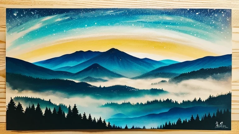 Ink Painting　landscape「Starry Sky」 prompt: 星が輝く夜空のlandscapeを描く。
