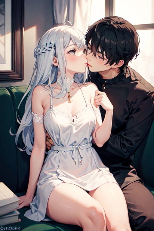 A girl wearing a dress
Kisses a guy