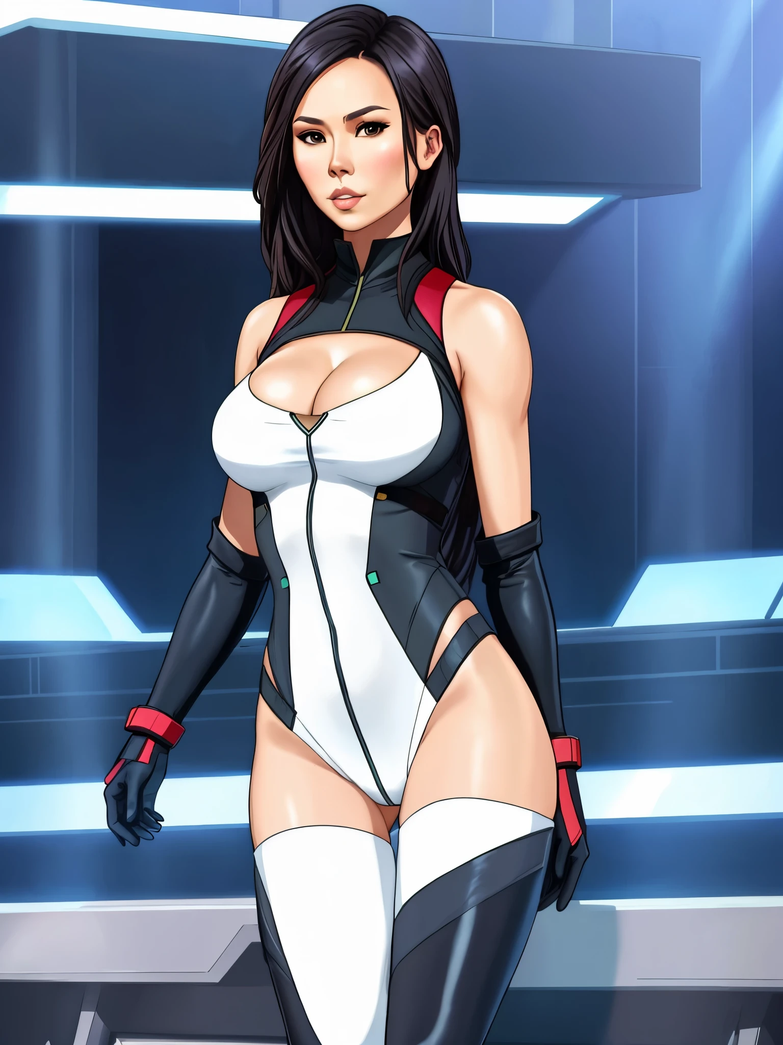 Lexa Doig, masterpiece, leotard, full body shot, cleavage, gorgeous woman, clone, tight clothes, sleek futuristic outfit