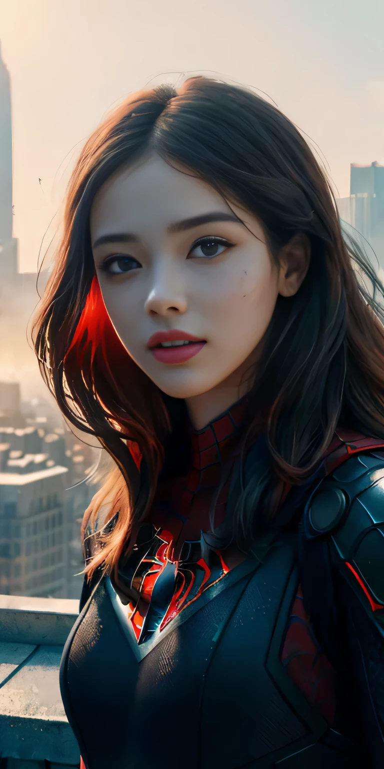(1girl:1.3), Solo, (((Very detailed face)))), ((Very detailed eyes and face)))), Beautiful detail eyes, Body parts__, Official art, Unified 8k wallpaper, Super detailed, beautiful and beautiful, beautiful, masterpiece, best quality, original, masterpiece, super fine photo, best quality, super high resolution, realistic realism, sunlight, full body portrait, amazing beauty, dynamic pose, delicate face, vibrant eyes, (from the front), She wears Spider-Man suit, red and black color scheme, spider, very detailed city roof background, rooftop, overlooking the city, detailed face, detailed complex busy background, messy, gorgeous, milky white, highly detailed skin, realistic skin details, visible pores, clear focus, volumetric fog, 8k uhd, DSLR, high quality, film grain, fair skin, photo realism, lomography, futuristic dystopian megalopolis, translucent