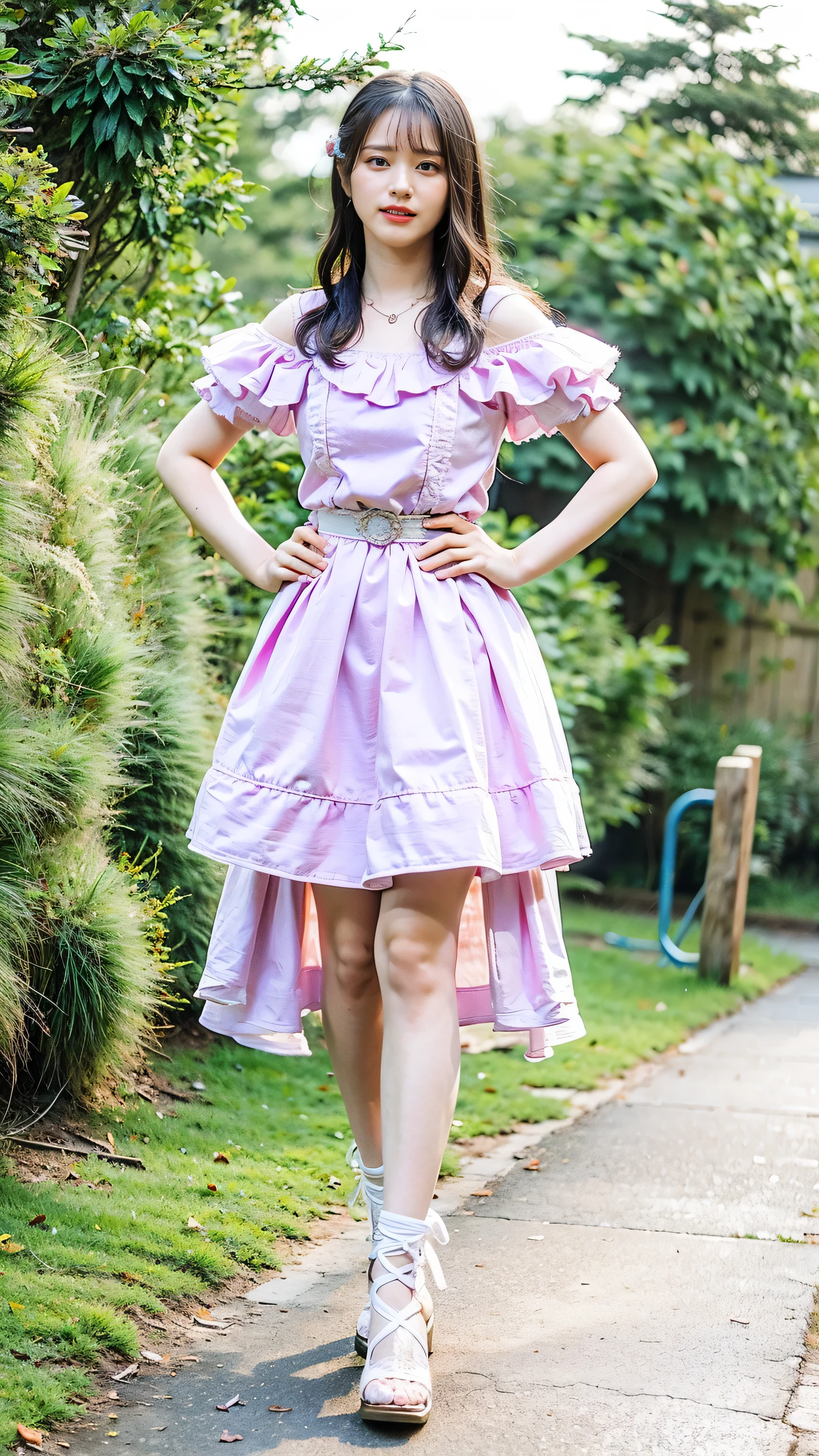 (8K、Raw photo、highest quality、masterpiece:1.2)、(Realistic、Photorealistic)、1 girl、((Off the shoulder、Pink Dress、See-through、boots、belt、Large Breasts、View from the front、smile、Standing with hands on hips))、Lots of eyelashes、Sparkling eyelids、skeletally correct