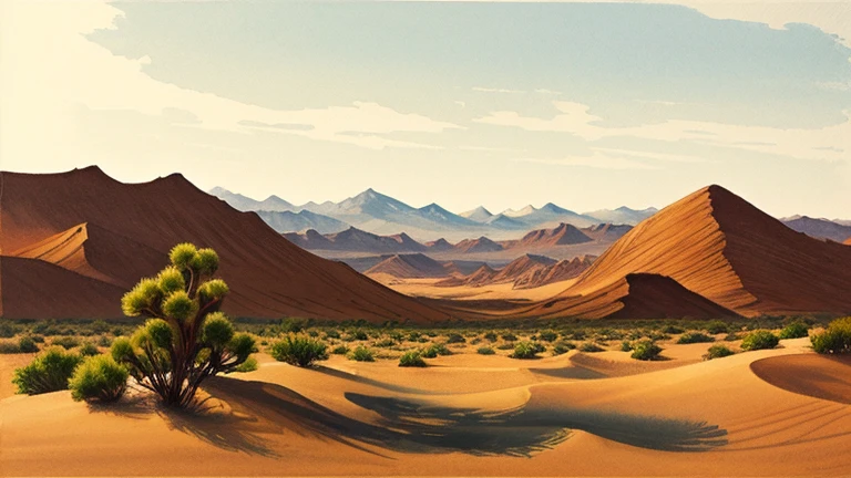 Ink Painting landscape「Desert Oasis」 prompt: Draw a small oasis in the desert。