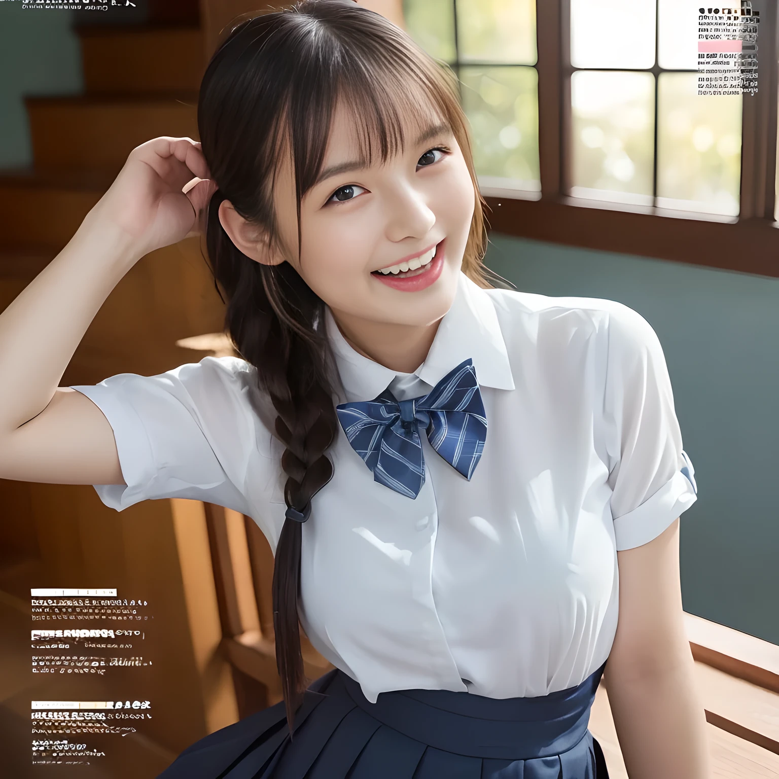 (highest quality、masterpiece:1.2)、highest quality、Realistic、photograph、High resolution、1080p、8K、Fair skin, especially face, Physical Rendering、((Height: 155cm)), one Japanese girl、((((((Siren, a 16-year-old beautiful Japanese magazine fashion model, is watching the viewer.)))))), school summer uniform, (((big very detailed beautiful dark brown eyes))), ((((impressive plain navy large school ribbon bow tie in plain)))), ((((black very beautiful and very very long straight straight hair)))), ((((A light gray box-pleated box-pleated skirt)))), ((A yellow ivory colored blouse with puffed short sleeves and frills)), (((((((laughing cutely and looking at me!))))))), detailed fingers, (((curled blunt bangs))), ((Very large and cute eyes, carefully drawn with great attention to detail)), ((double eyelids)), (((long eyelashes))), ((cute lovely lovely laughing laughing cheeks)), ((Pure white light hits her face from above and in the front, making her skin and eyes shine beautifully.)), ((Strong light hits the nose and cheeks、It brings out the richness of the expression.)), ((The skirt is very cute)), (((((Her facial features are very expressive lovely smile, very very cute, very very intelligent.))))), (((Shooting from the side))), ((Luxury palace staircase)), (( Beautiful teeth alignment))