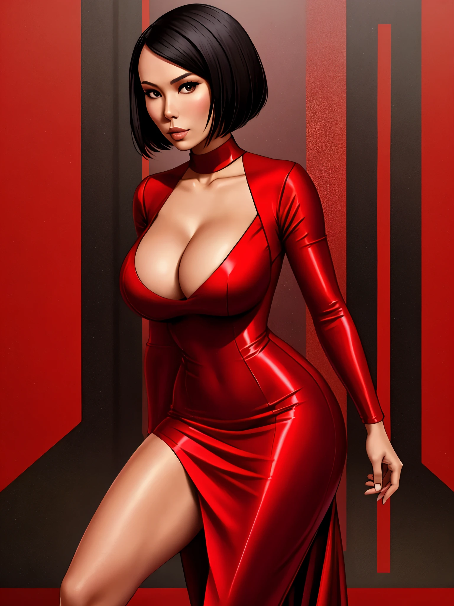 Lexa Doig, masterpiece, short red dress, full body shot, cleavage, gorgeous woman, tight clothes, sleek futuristic outfit, bobcut, asian features