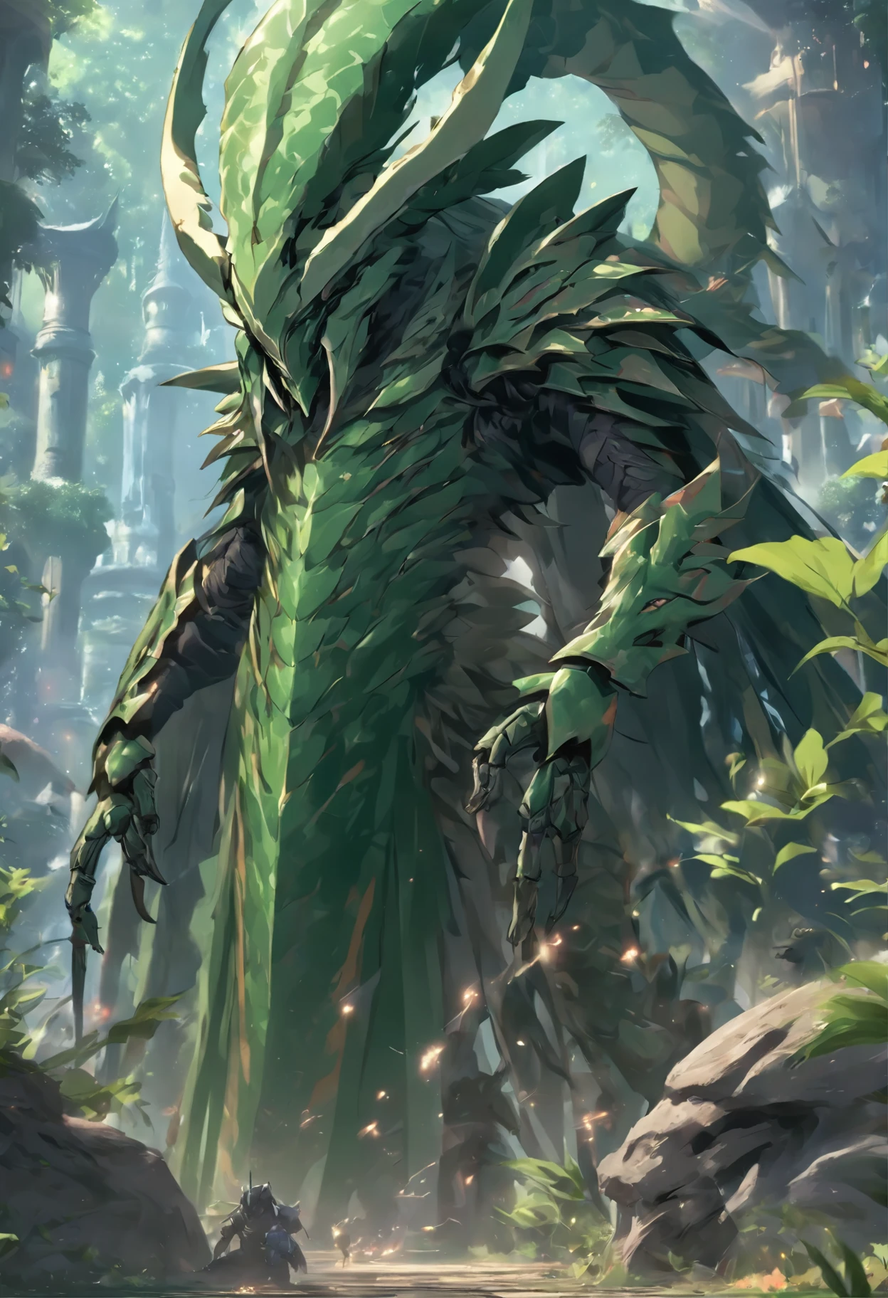 High quality rendering,(8k、The best quality at its best、masterpiece:1.2)、(Endless realism、Photorealistic:1.37)、Hyper Detail,Hyper HD,A praying mantis enlarged 10 times,zerg,Live Wallpapers,This is a picture of a praying mantis resting in a fantasy world.,(Dark green insect shell:1.2),(Exaggerated mantiforelimb,Leaf-textured shell:1.3),{Death and skeletons,Three different elements, Time and Mantis, Used in the design of this character.:1.4},Monster Hunter,((Handsome insect,Encased in thick, powerful armor. The metal panels feature intricate designs.,This armor emphasizes the size of the scythe'forelimb)),Insect characters that appear in card games