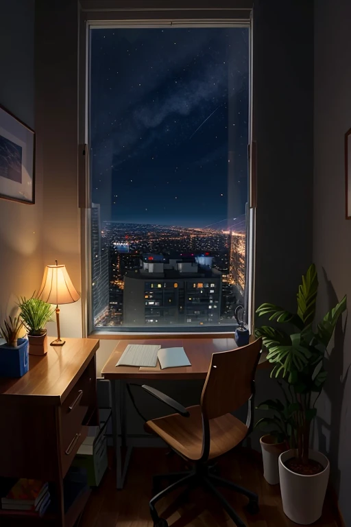 Room with large windows desk Foliage plant bed South and west windows High floors City Night