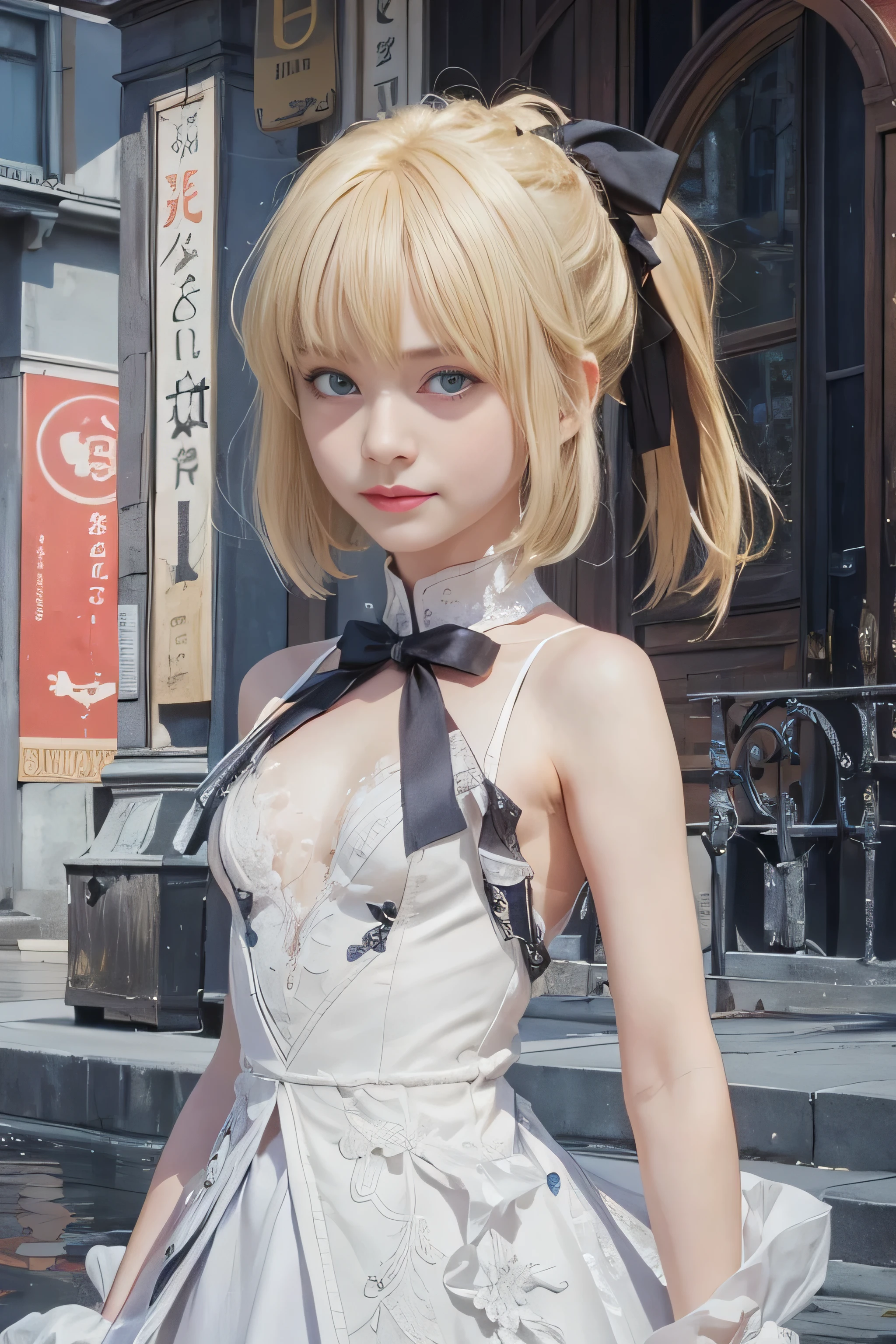 masterpiece, best quality, (realistic,photo-realistic:1.4), (RAW photo:1.2), extremely detailed CG unity 8k wallpaper, delicate and beautiful, amazing,finely detail, official art, absurdres, incredibly absurdres, huge filesize, ultra-detailed,extremely detailed eyes and face,light on face,saber,(little smile),(blonde hair:1.4),(short hair:1.6),(wearing white dress:1.5),nature,(small breast:1.3),ponytail,blue eyes,black ribbon