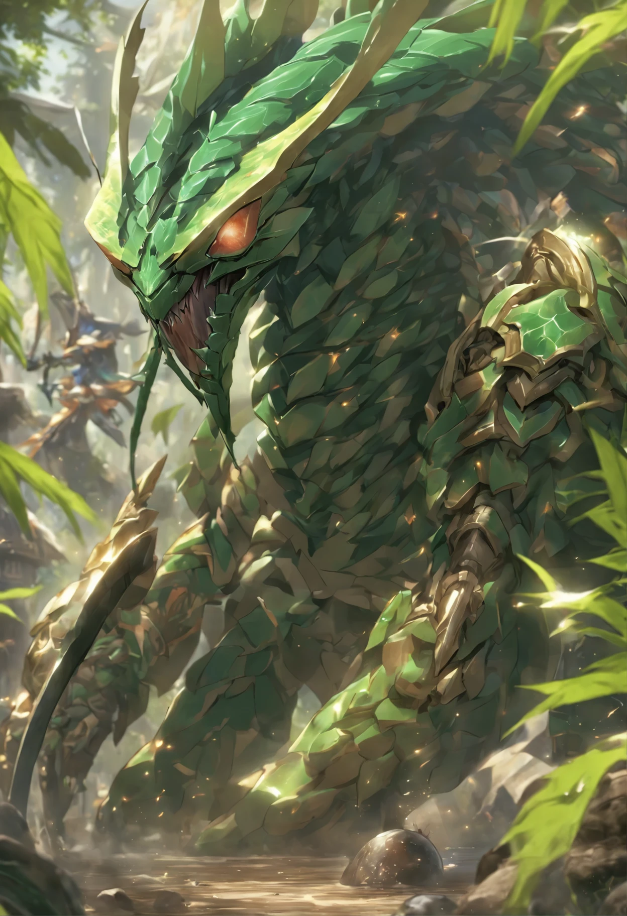 High quality rendering,(8k、The best quality at its best、masterpiece:1.2)、(Endless realism、Photorealistic:1.37)、Hyper Detail,Hyper HD,A praying mantis enlarged 10 times,zerg,Live Wallpapers,This is a picture of a praying mantis resting in a fantasy world.,(Dark green insect shell:1.2),(Exaggerated mantiforelimb,Leaf-textured shell:1.3),{Death and skeletons,Three different elements, Time and Mantis, Used in the design of this character.:1.4},Monster Hunter,((Handsome insect,Encased in thick, powerful armor. The metal panels feature intricate designs.,This armor emphasizes the size of the scythe'forelimb)),Insect characters that appear in card games