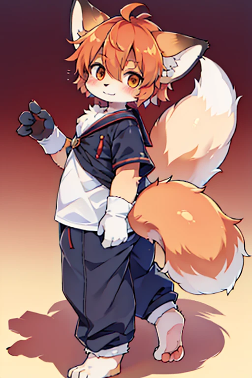 male, Fox, Furry, Beastman, Animal hair, tail, Sailor suit, Short sleeve, Jersey pants, Long trousers, gloves, barefoot